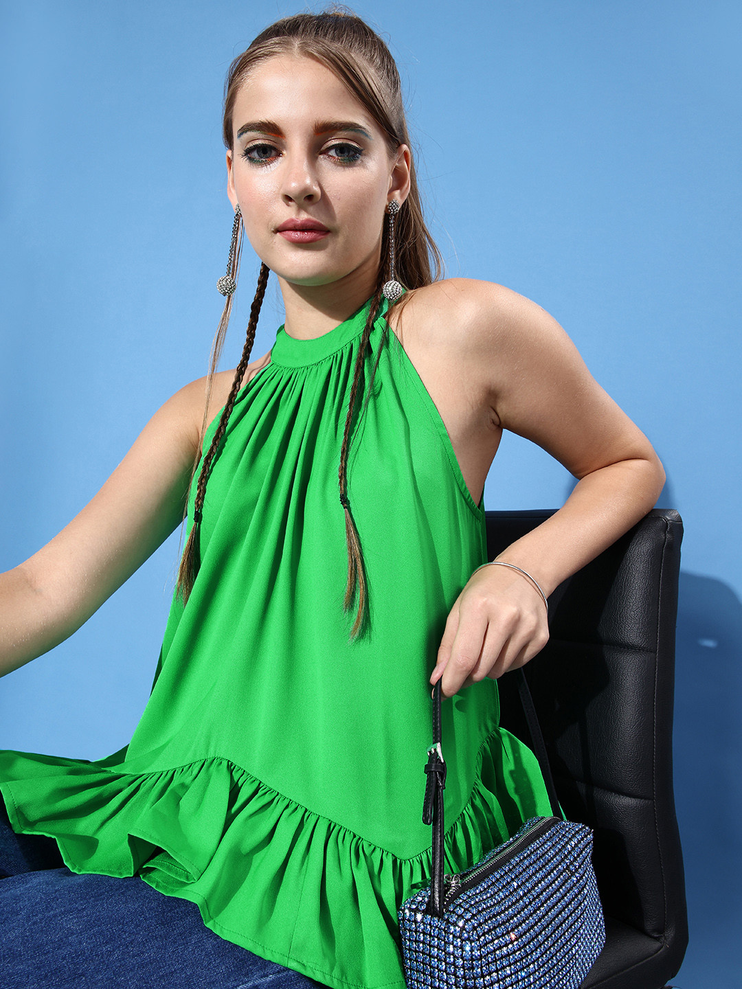 Style Quotient Stylish Green Solid Halter Neck Top