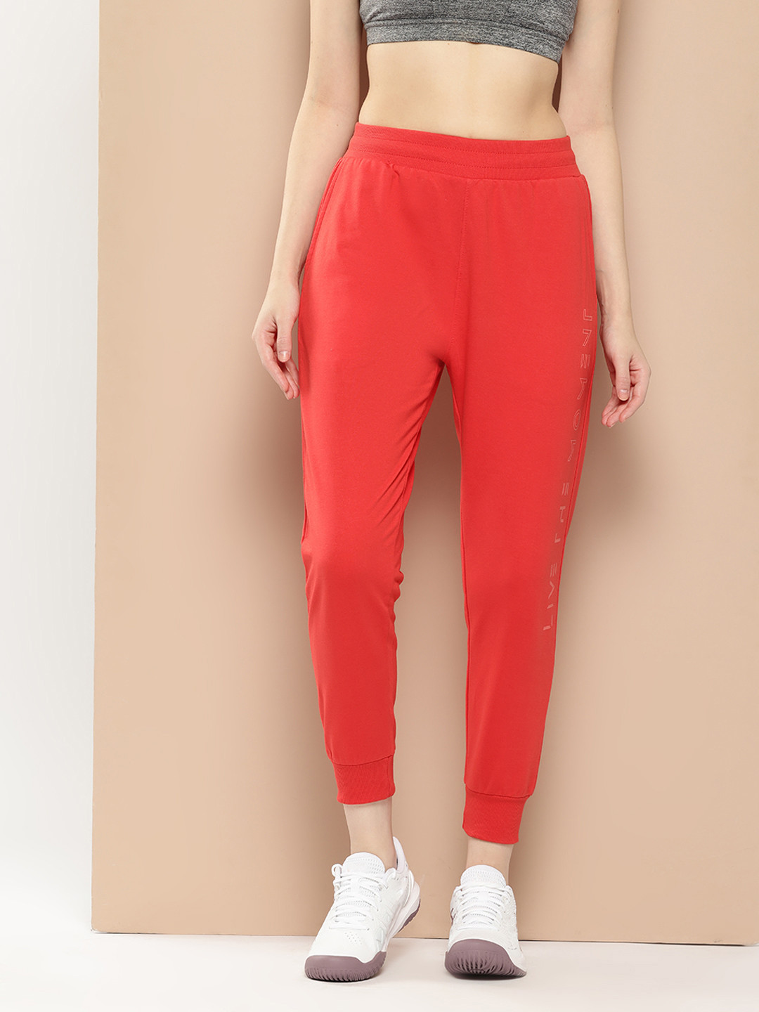 Alcis Women Coral Red Slim Fit Solid Cropped Running Joggers
