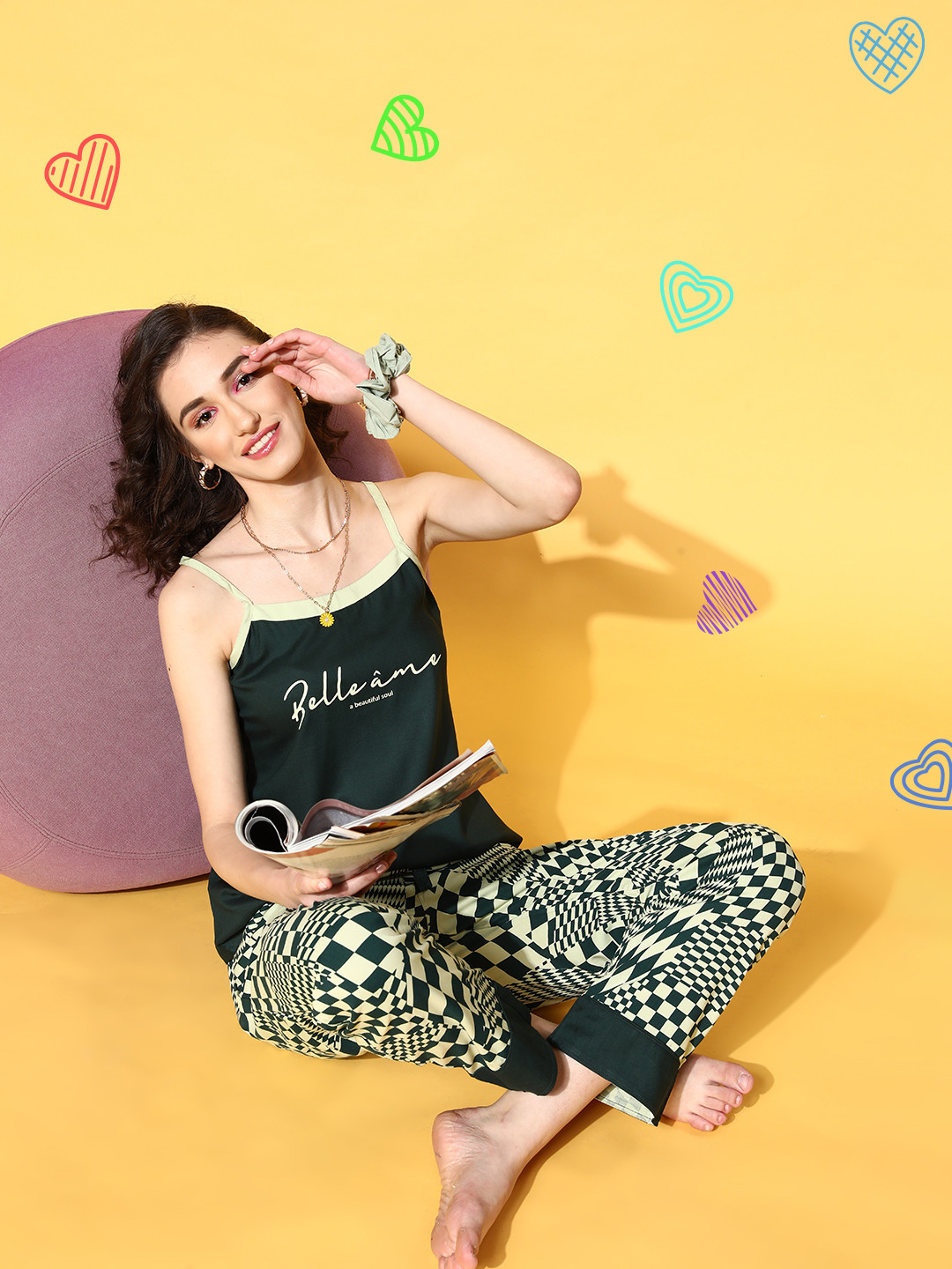 beebelle Women Olive Self-Design Joyful Retreat Night Suit