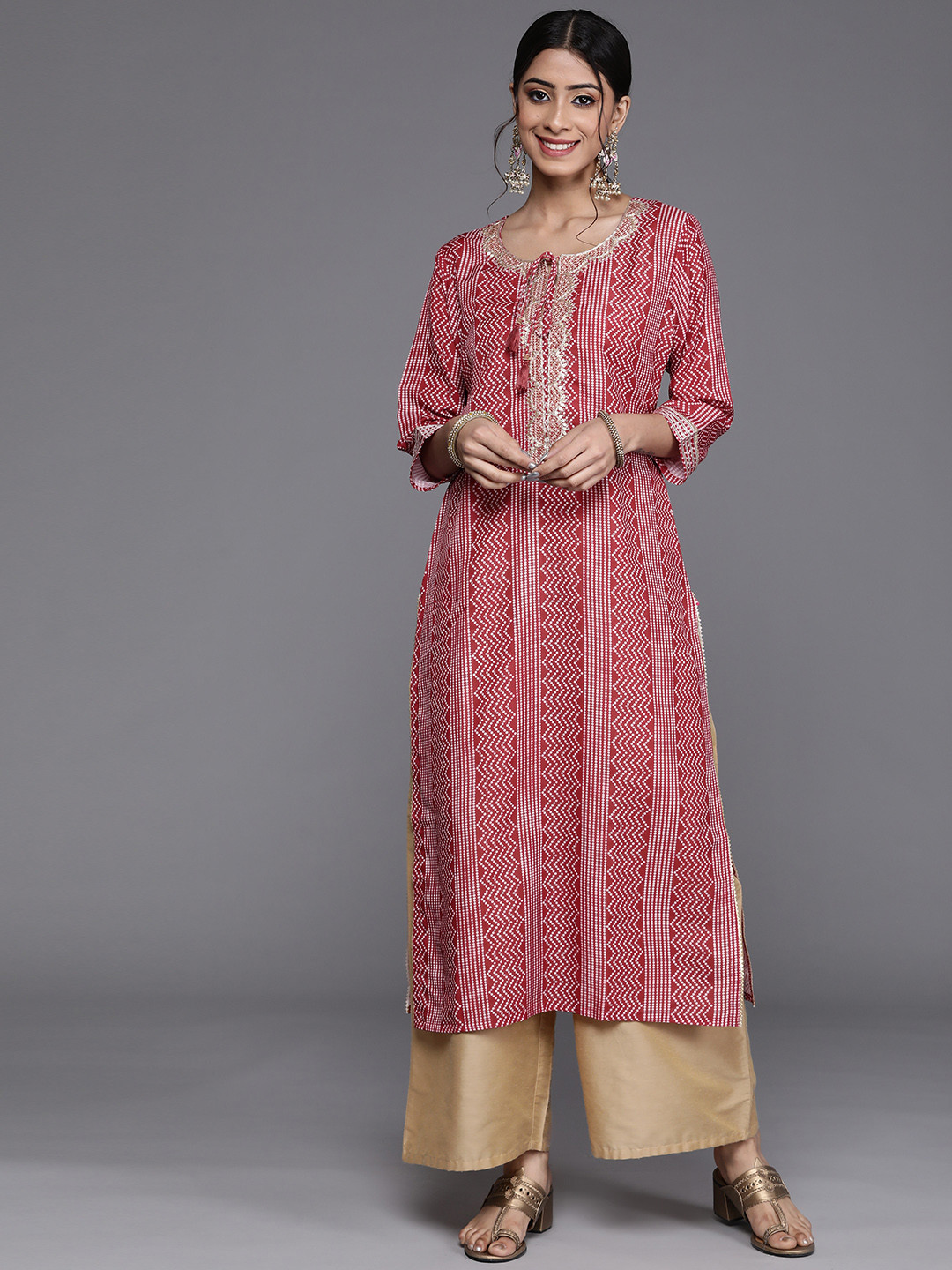 Varanga Women Red & Beige Bandhani Printed Indie Prints Kurta