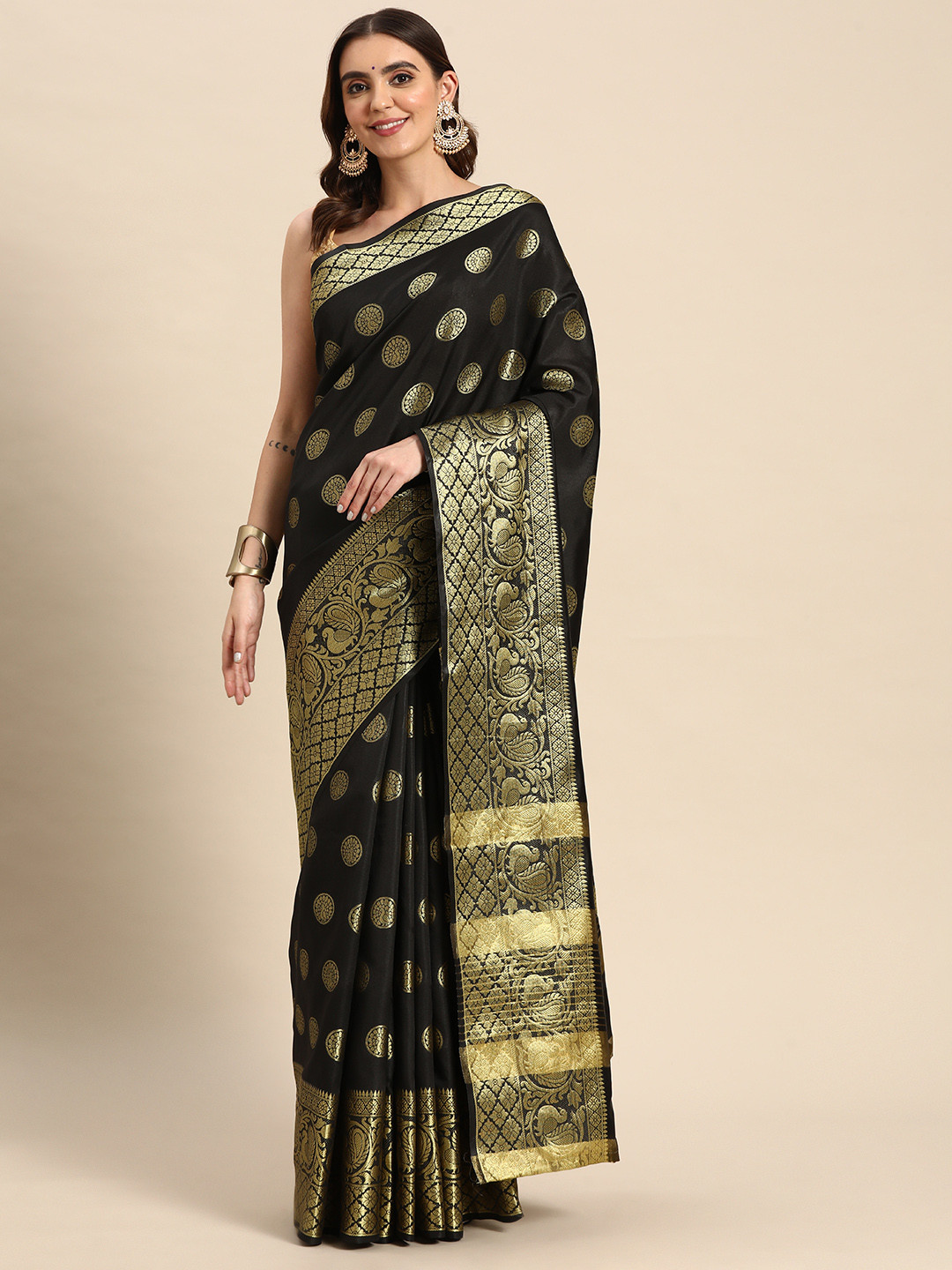 Silk Land Black & Golden Ethnic Motifs Banarasi Saree
