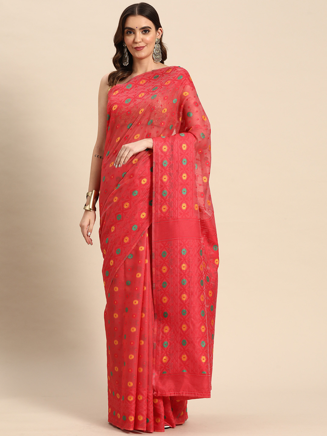 Silk Land Red & Green Ethnic Motifs Cotton Jamdani Saree