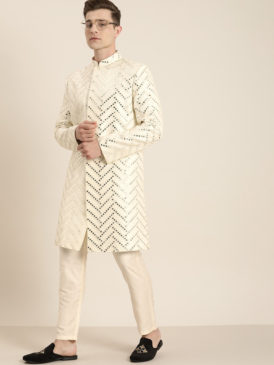 VASTRAMAY Men Cream Colored Mirror Worked Sherwani Set