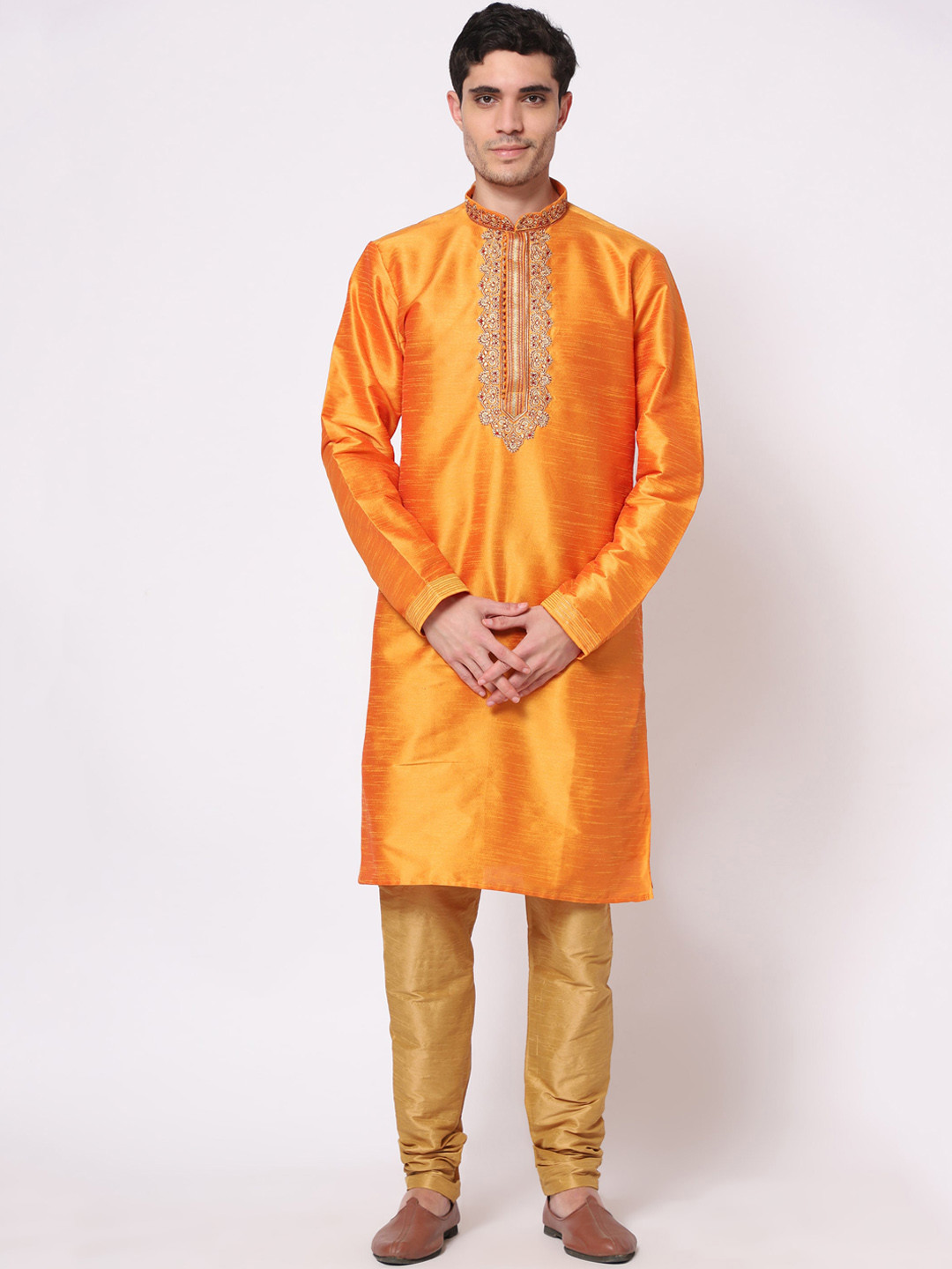 LAGAAV Men Orange Ethnic Motifs Yoke Design Raw Silk Kurta with Churidar