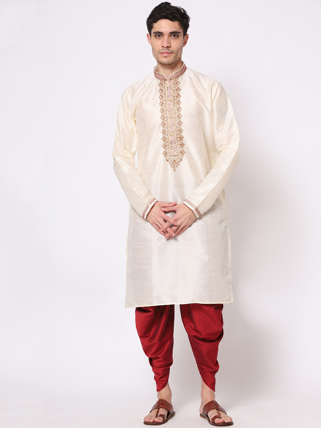 LAGAAV Men Cream-Coloured Raw Silk Kurta with Dhoti Pants