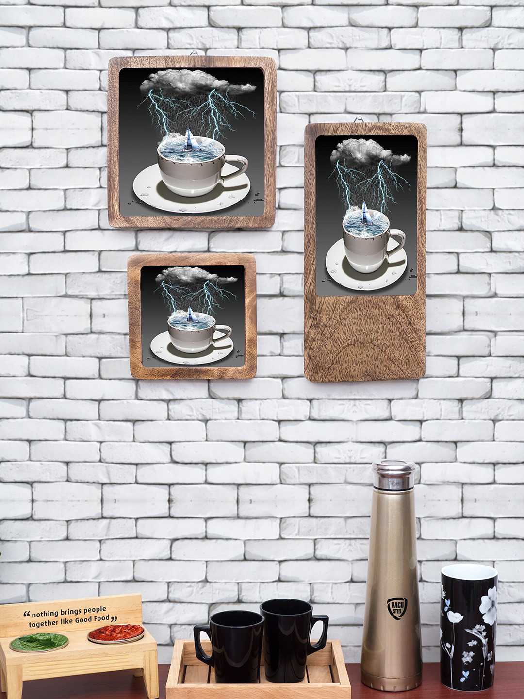 Golden Peacock Set Of 3 Printed Wooden Trays With Bowl