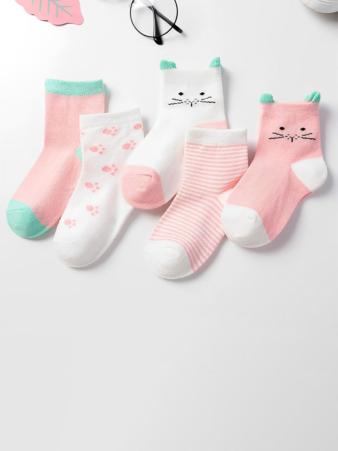 SYGA Pack 5 Infants Peach & White Pattern Above Ankle Organic Cotton Socks