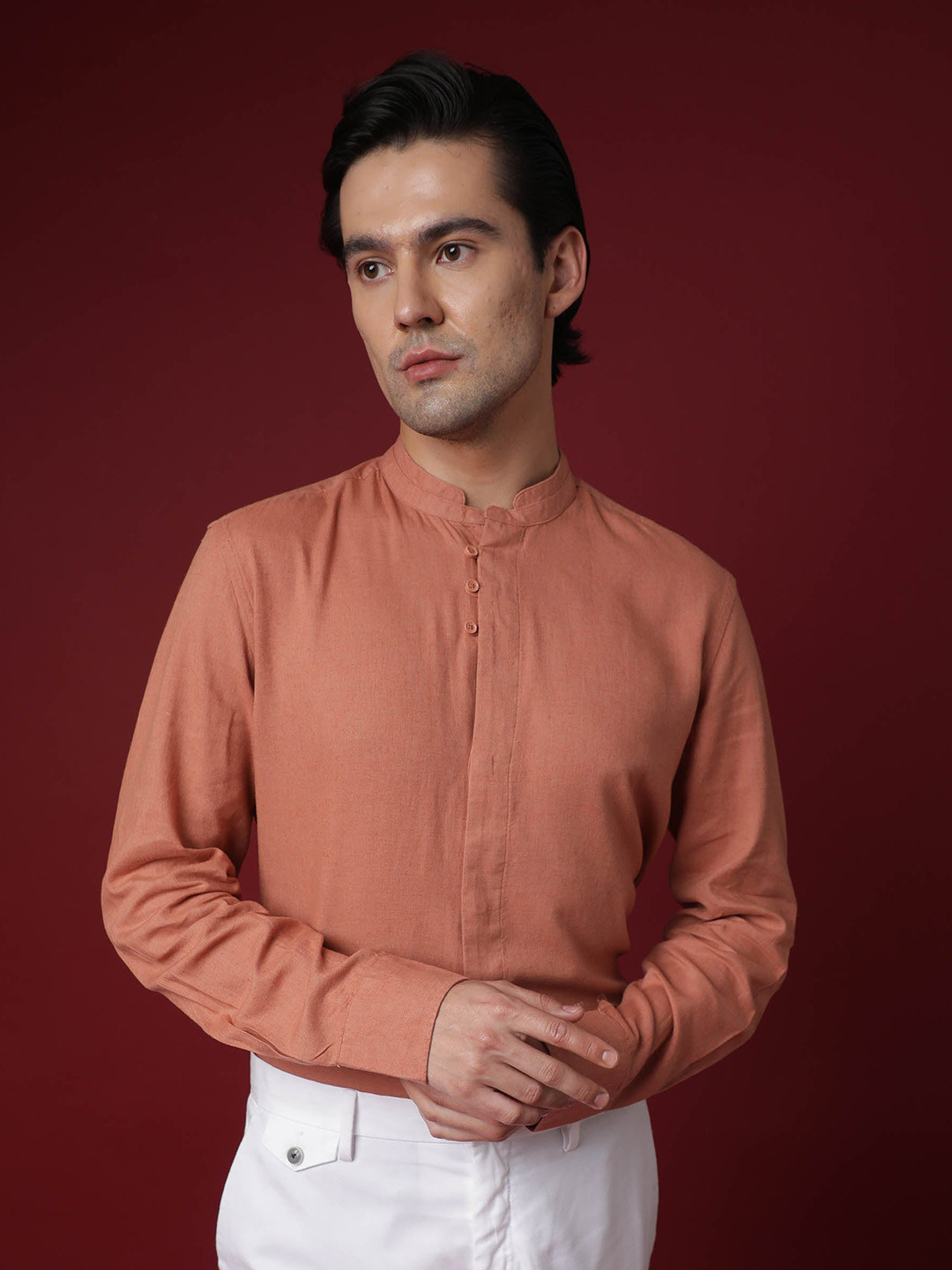 RARE RABBIT Men Peach-Coloured Custom Slim Fit Casual Shirt