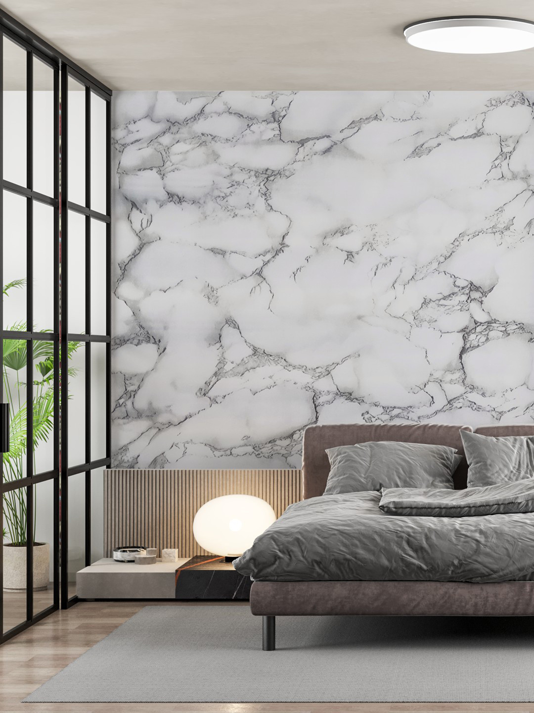 Jaamso Royals White marble Vinyl Matte Sticking Hall Wallpaper-196.9In
