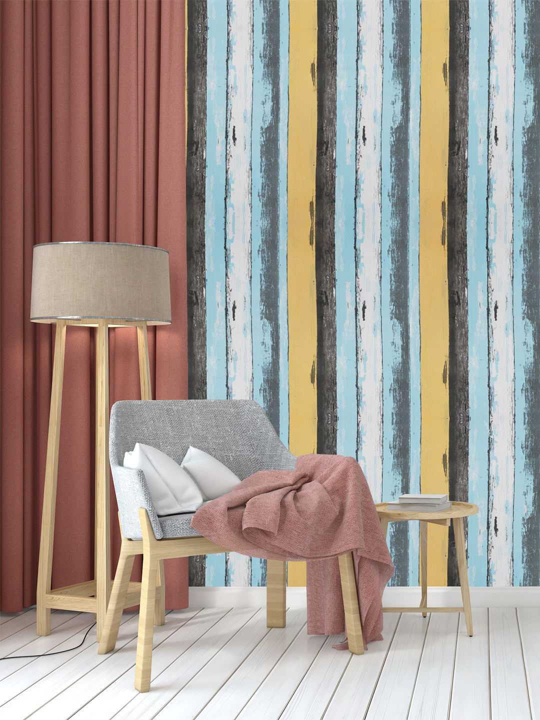 Jaamso Royals Vintage Sky blue black and white Wood Matte Sticking Hall Wallpaper-393.7In