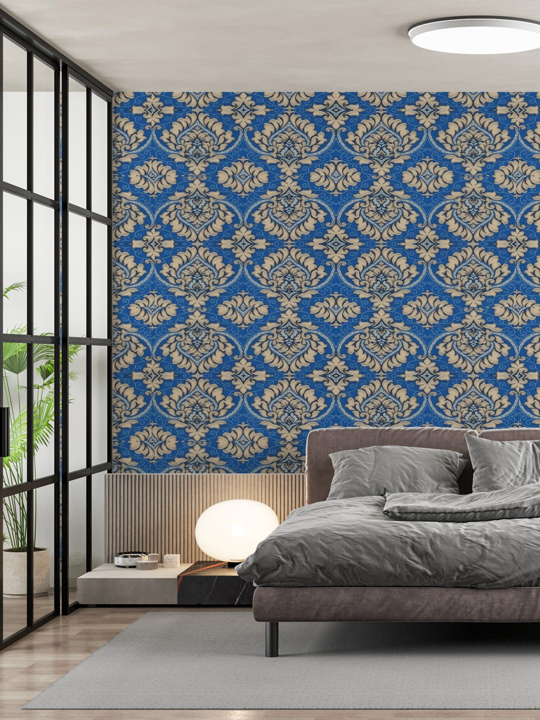 Jaamso Royals Dark Blue Damask Vinyl Ethnic Motifs Matte Sticking Hall Wallpaper-78.7In