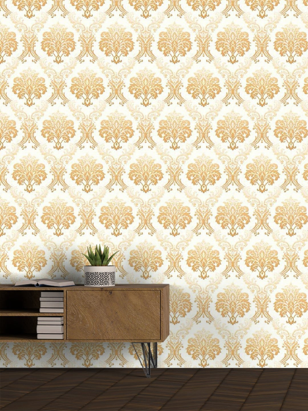 Jaamso Royals Golden damask Vinyl Ethnic Motifs Matte Sticking Hall Wallpaper-78.7In