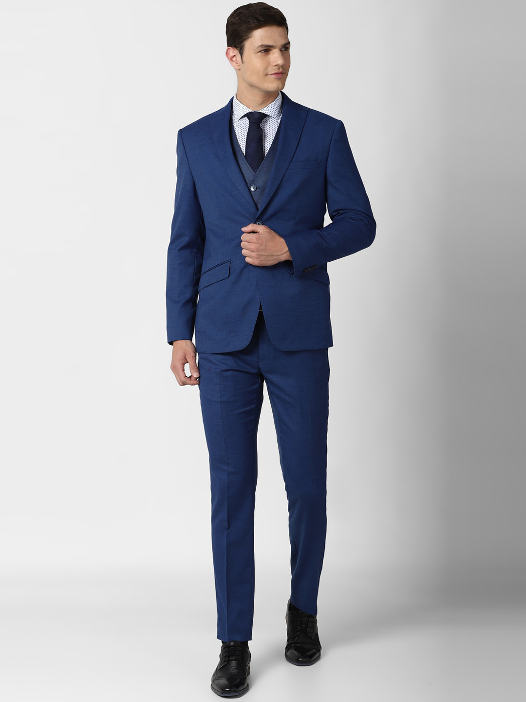 Peter England Elite Men Navy Blue Self-Design Printed Single-Breasted Slim-Fit Two-Piece Suit