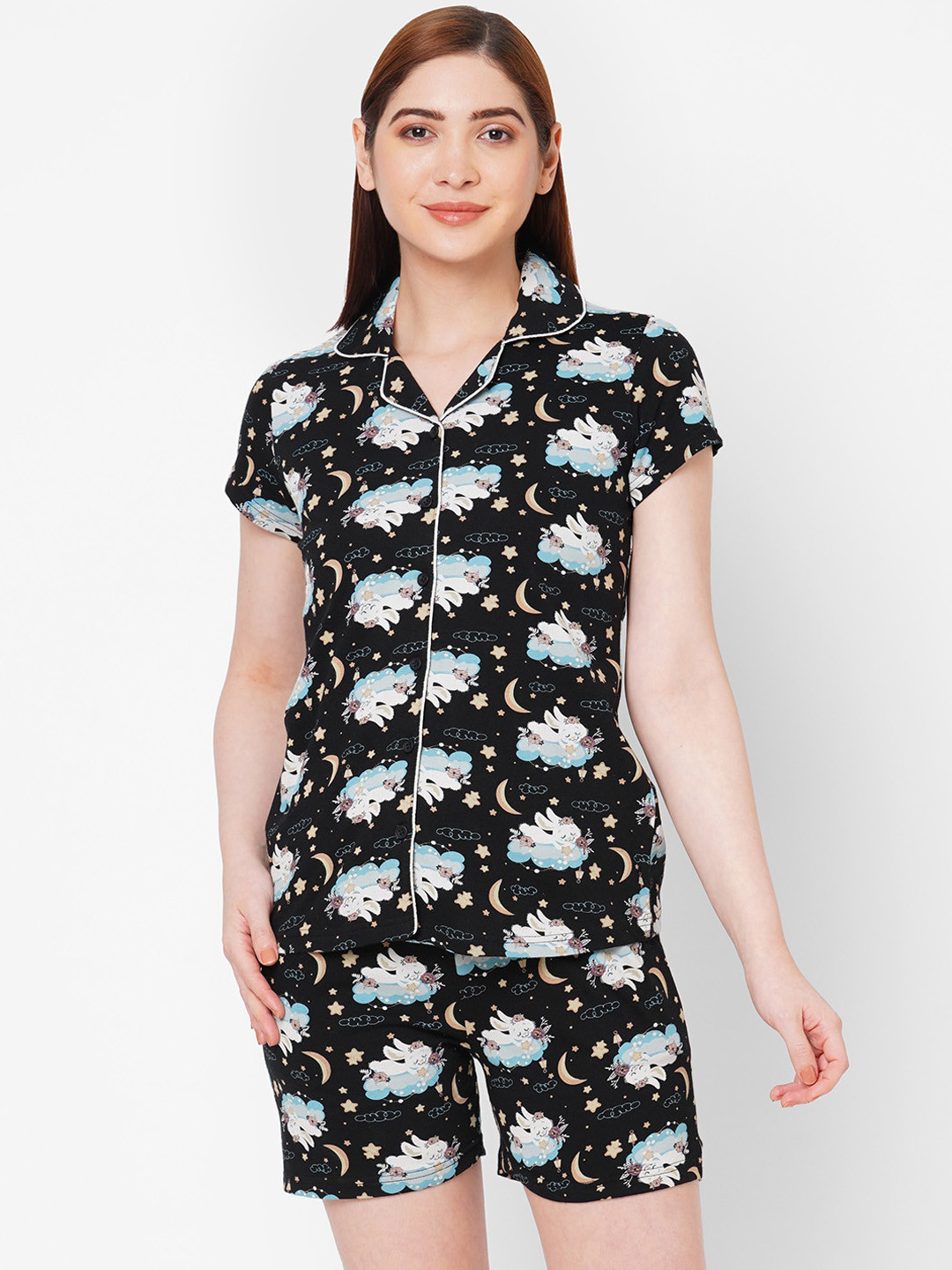 Sweet Dreams Women Black & Blue Printed Night suit