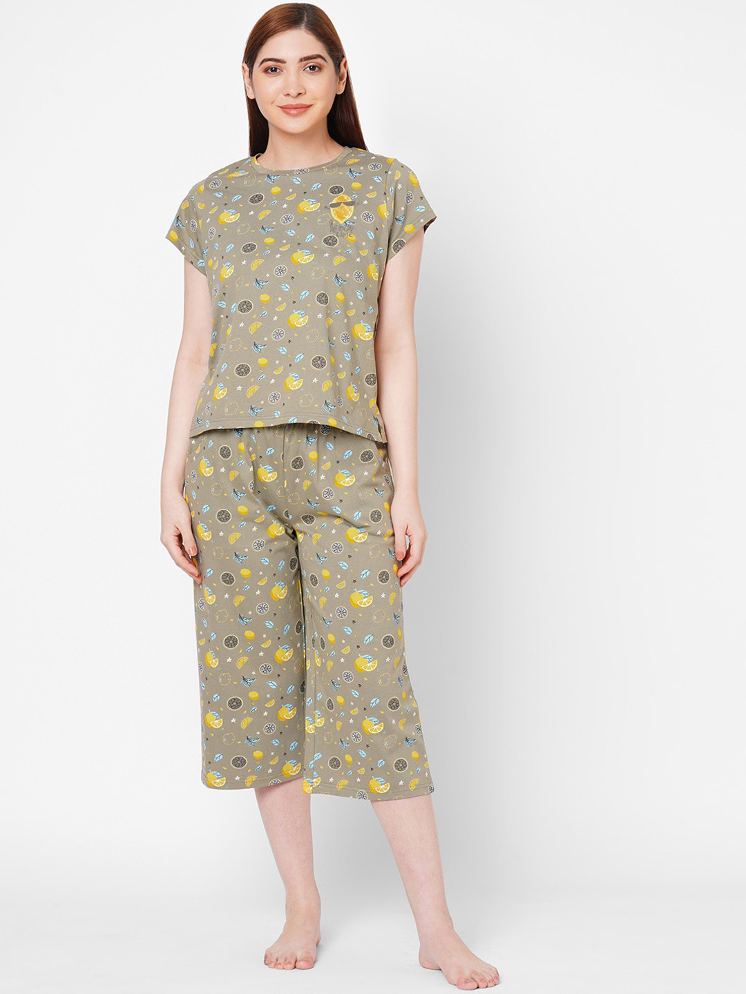 Sweet Dreams Women Olive Green & Yellow Printed Cotton Blend Night suit