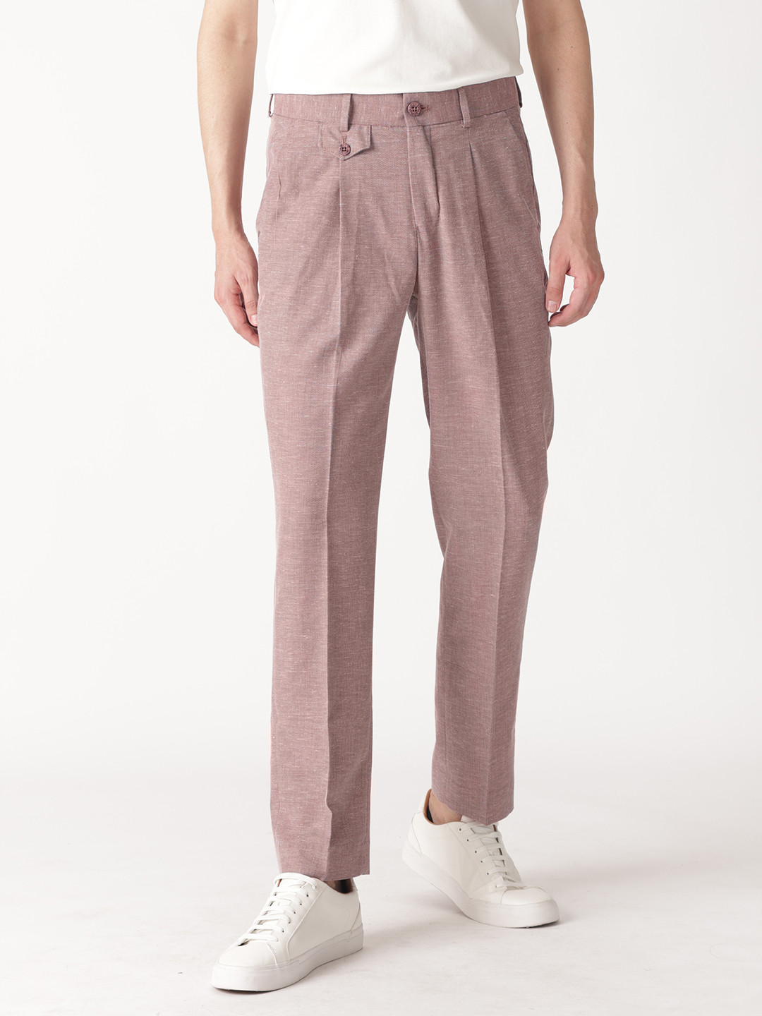 RARE RABBIT Men Maroon Textured Slim Fit Pleated Trousers