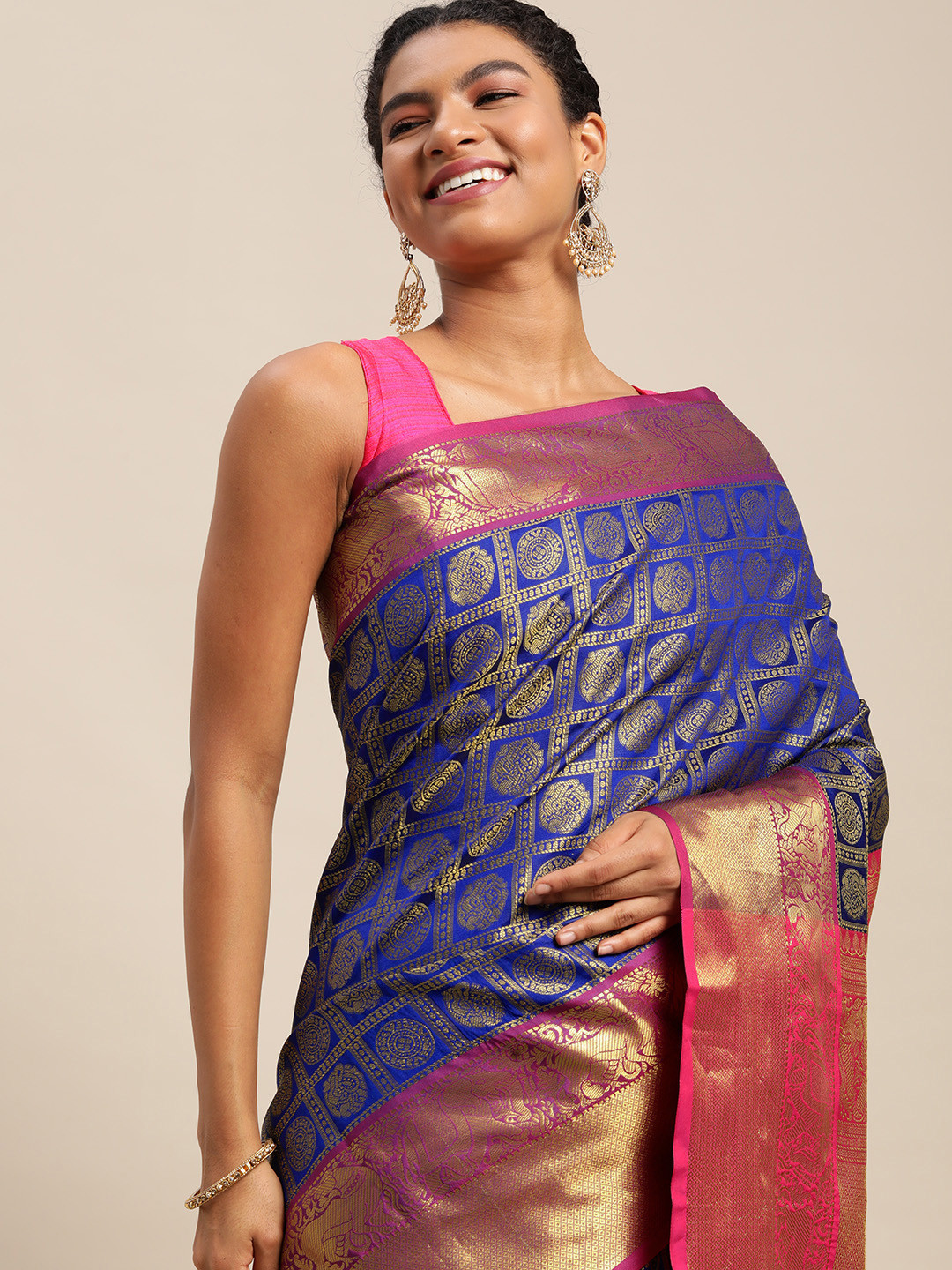 Royal Rajgharana Saree Blue & Golden Checked Banarasi Sarees