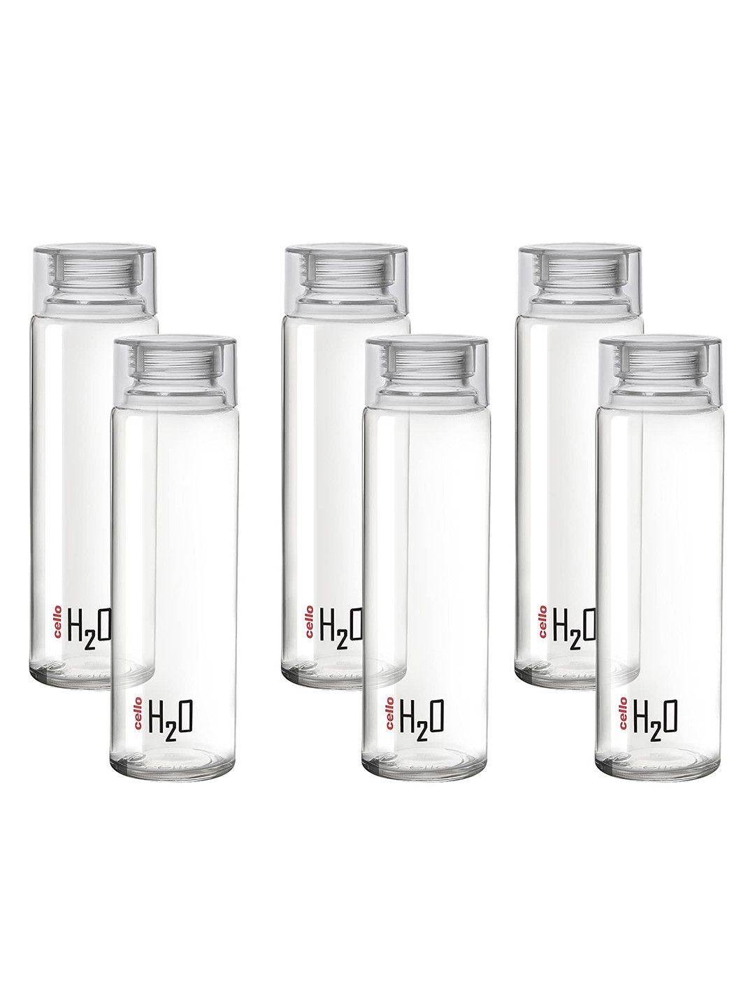 Cello H2O Set of 6 Clear Glass Water Bottle with Plastic Cap- 1 L