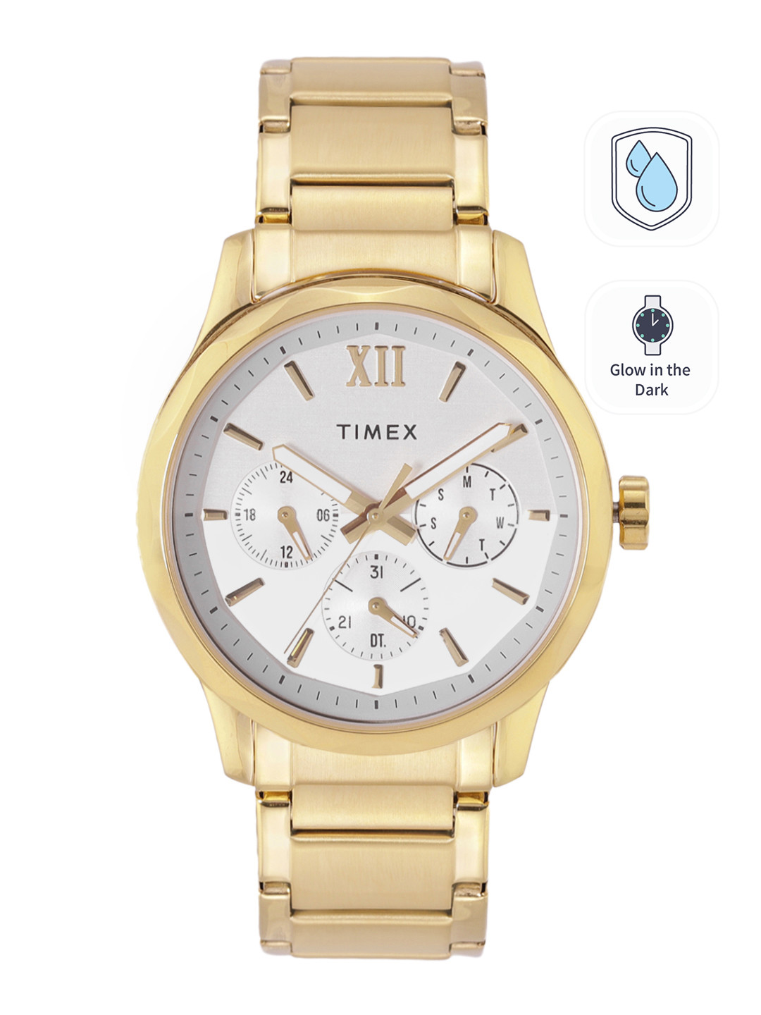 Timex Men White Dial & Gold Toned Stainless Steel Bracelet Straps Analogue Watch TW0TG7604