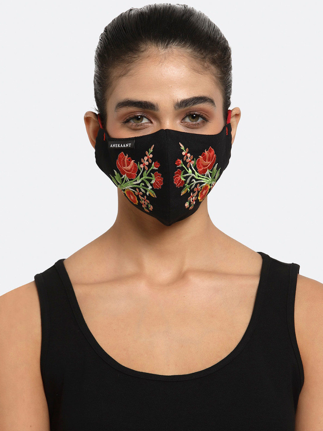 Anekaant Women Black & Red Embroidered 3 Ply Outdoor Masks