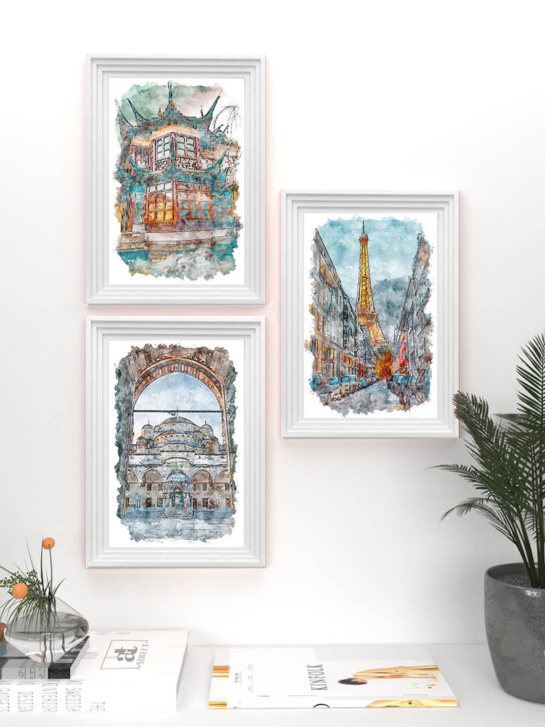 Art Street Set of 3 Blue City Theme Framed Wall Paintings