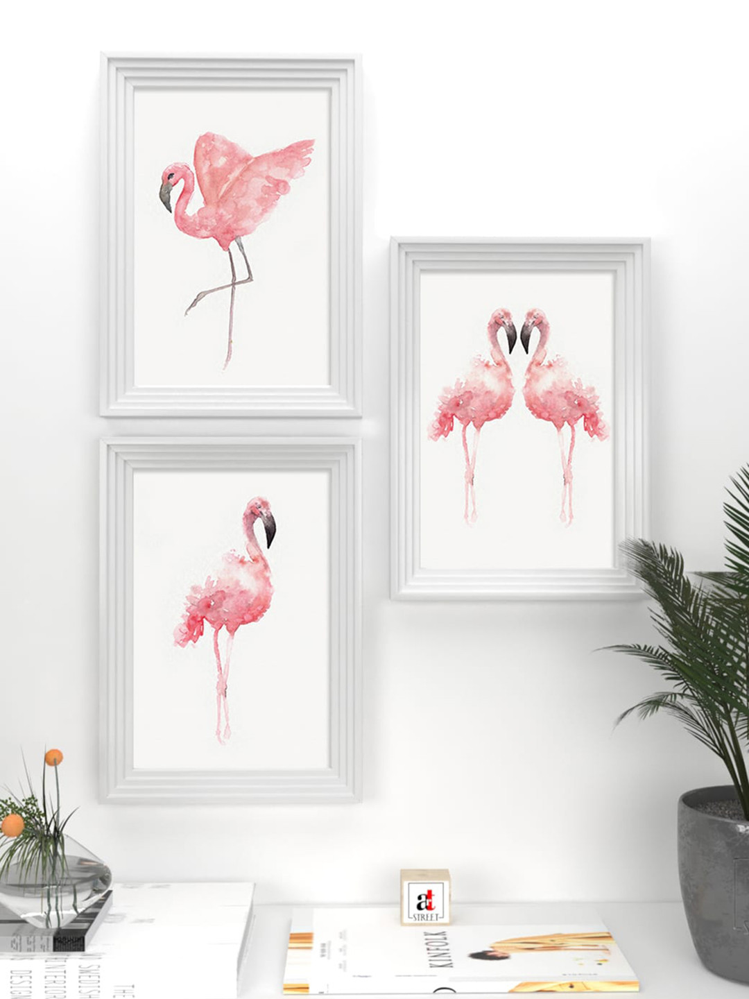 Art Street Flamingo Bird Wood 3 Pcs Wall Rectangle Paintings Wall Art -12x8In