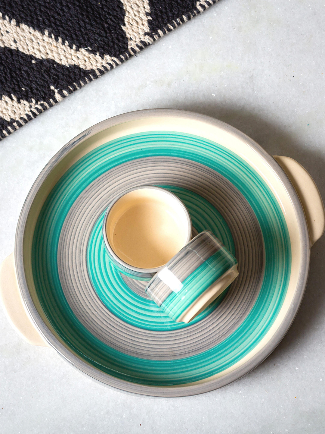 JASMEY HOMES Ocean Art Blue Abstract Ceramic Microwave Safe 3 Piece Dinner Set