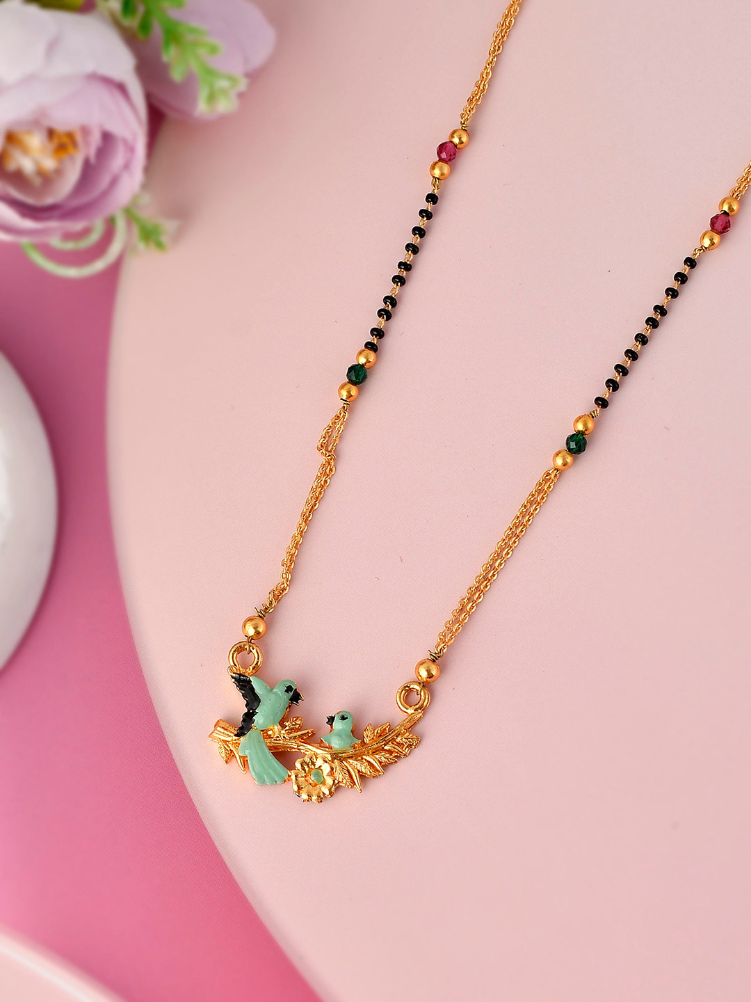 Silvermerc Designs Gold-Plated Black Stone-Studded & Beaded Peacock Design Mangalsutra
