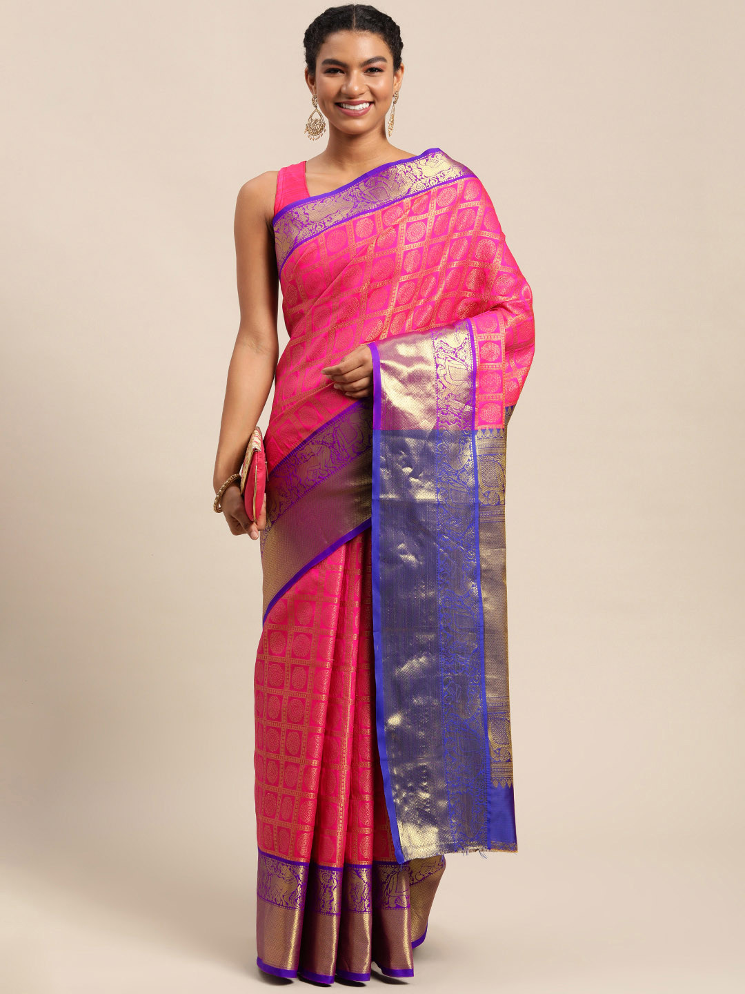 Royal Rajgharana Saree Pink & Golden Checked Banarasi Sarees