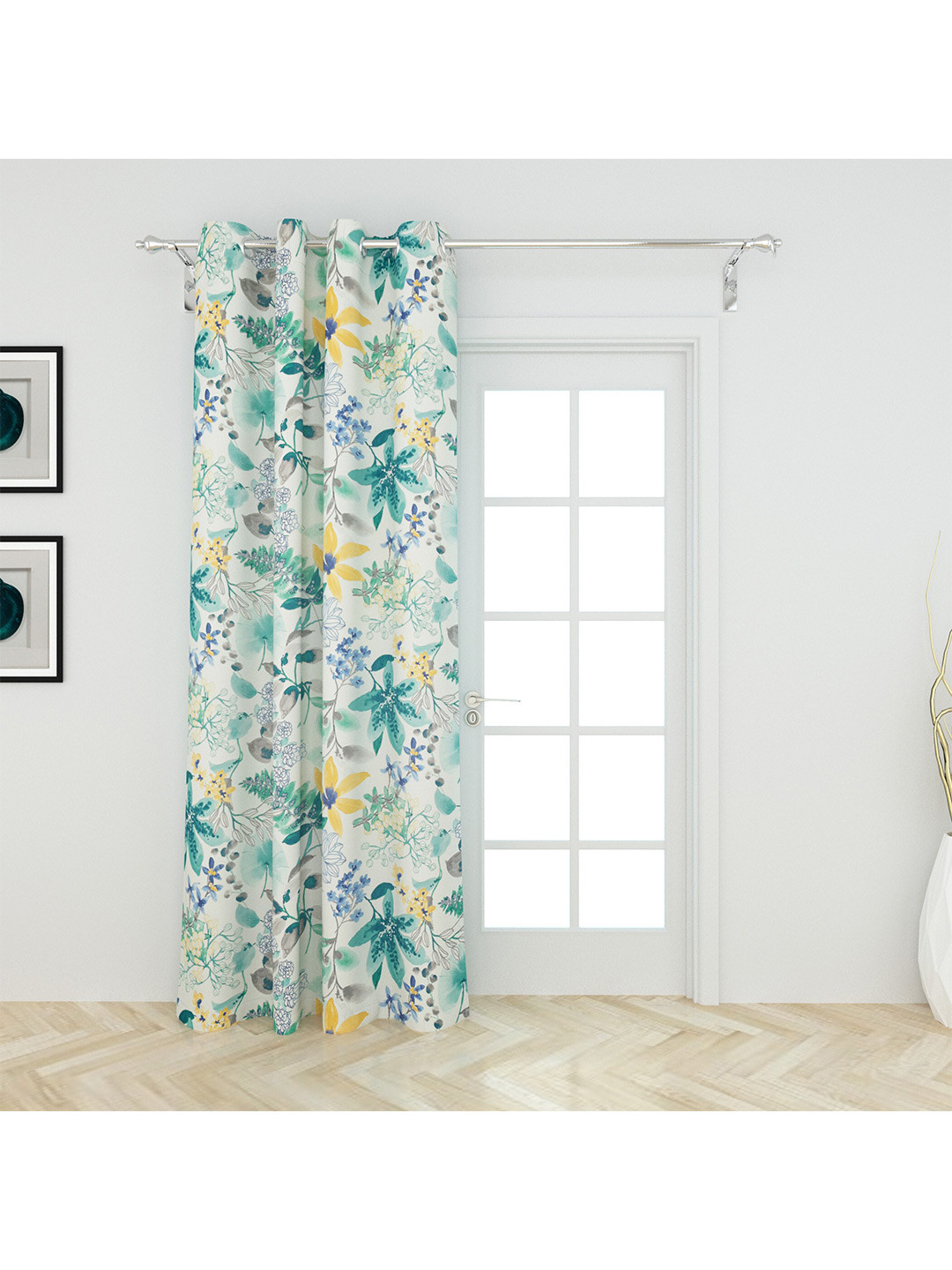 Home Centre White & Blue Floral Door Curtain