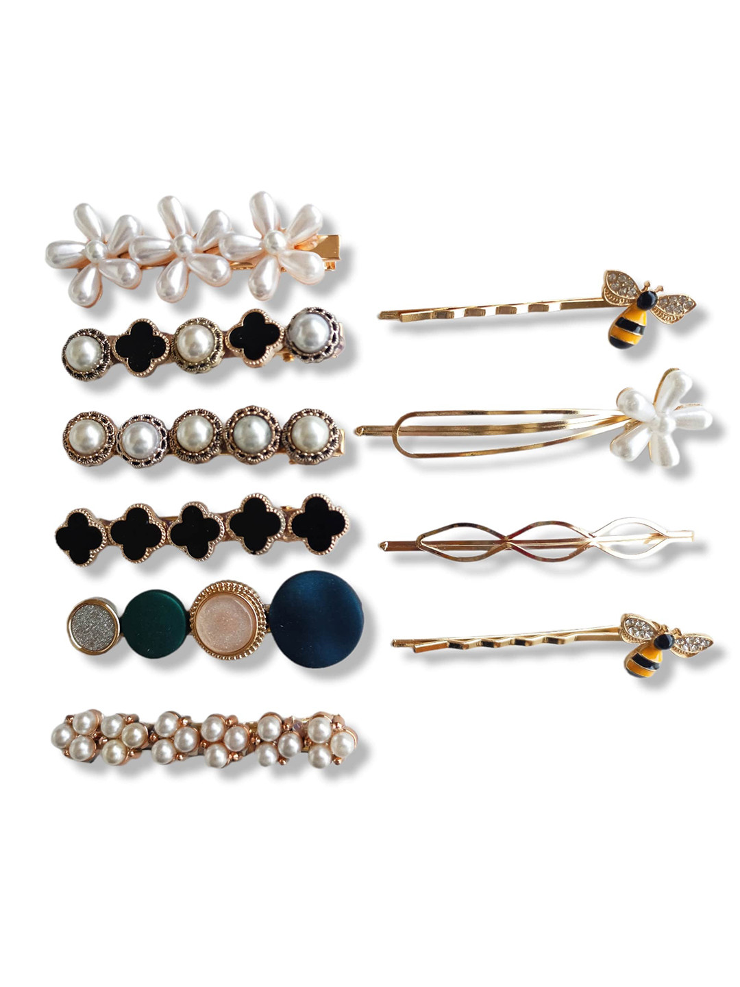 ANNA CREATIONS Women Set Of 10 Green & White Beaded Bobby Pins