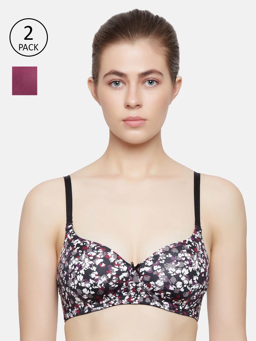 Triumph Violet & Burgundy Set of 2 Microfibre Padded Wireless Printed And Solid T-Shirt Bras