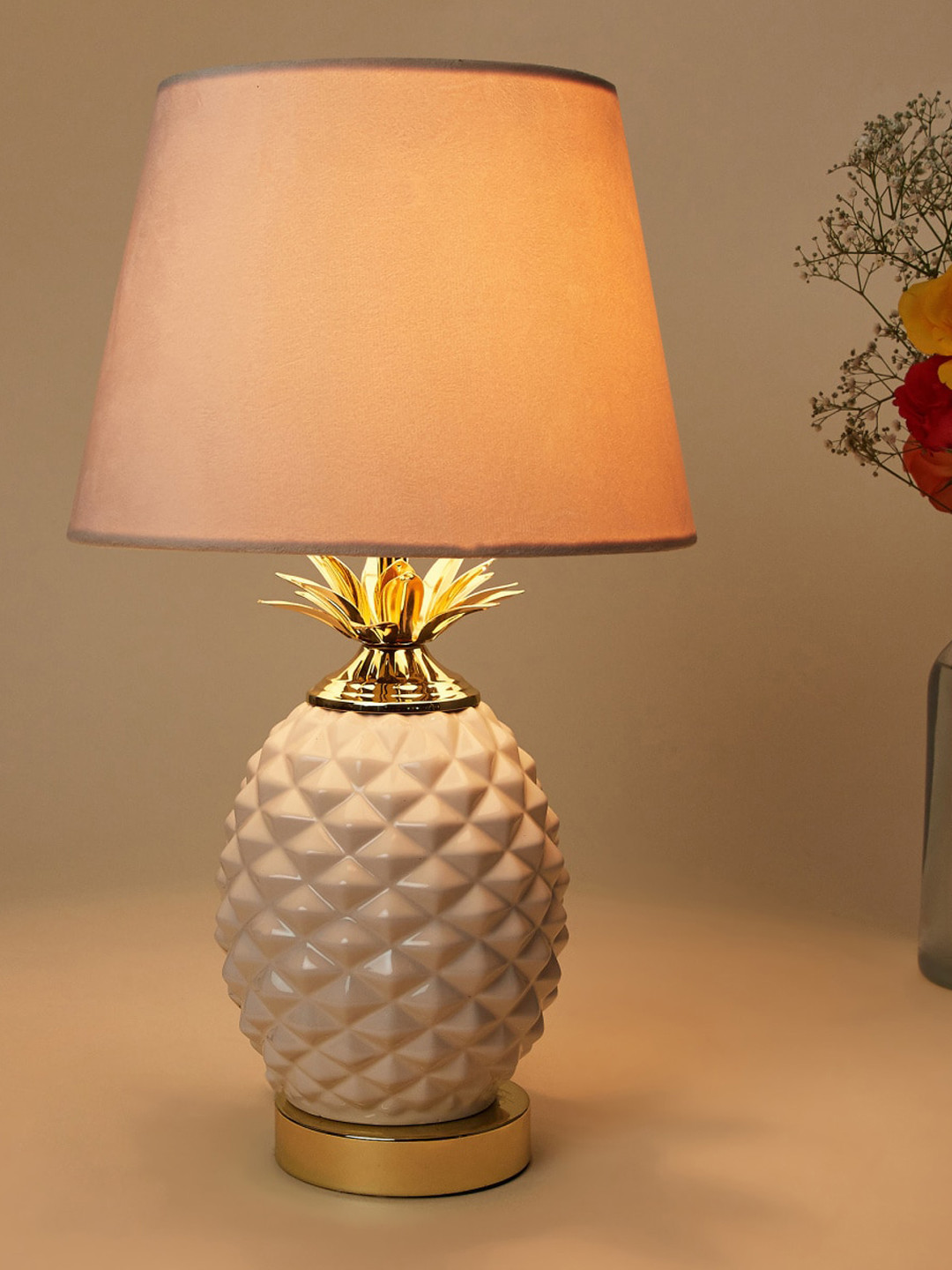 Home Centre Cream Colored Textured Metal with Ceramic Electric Table Lamp