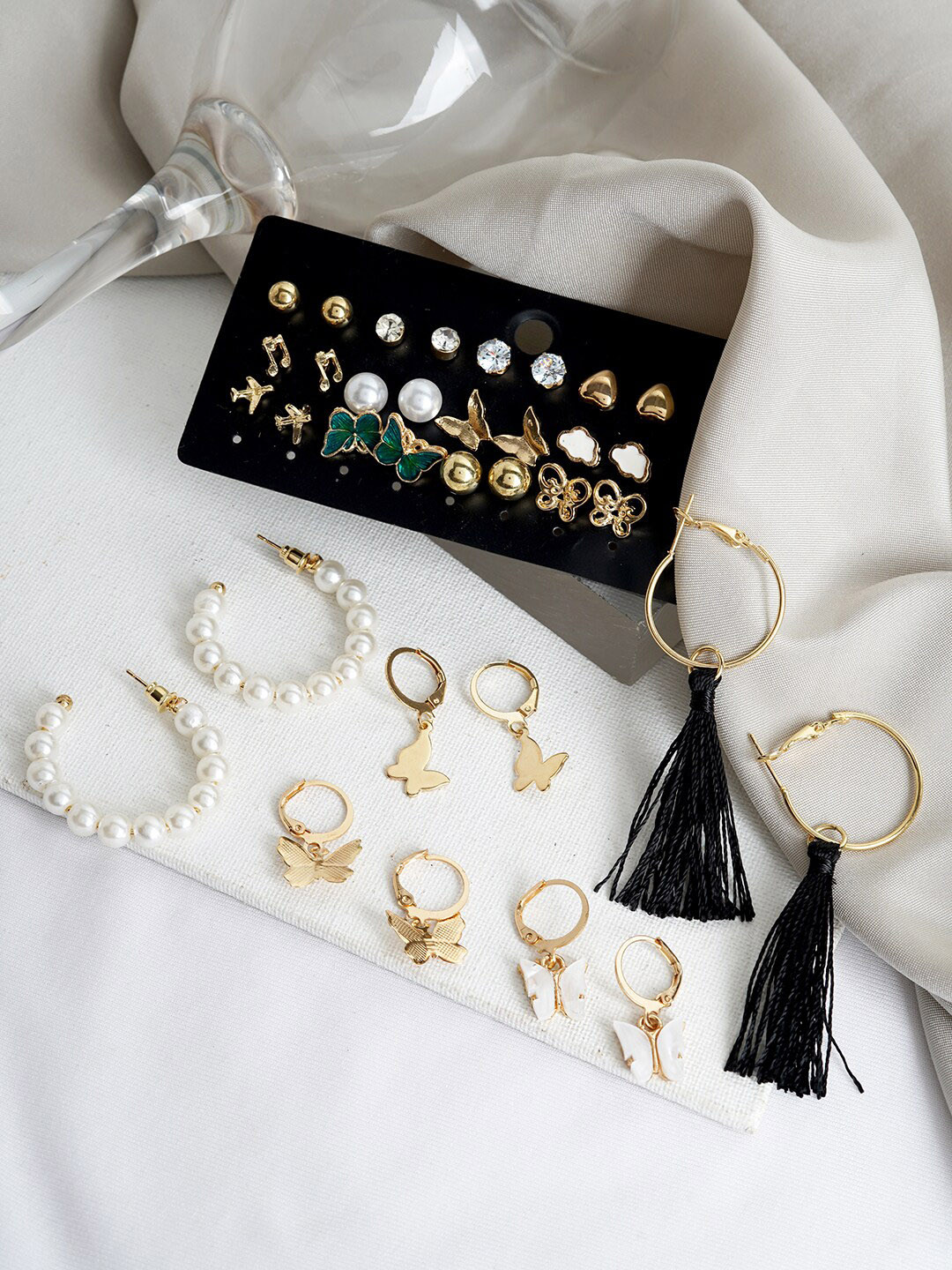 JOKER & WITCH Gold-Toned & White Set Of 17 Contemporary Studs Earrings