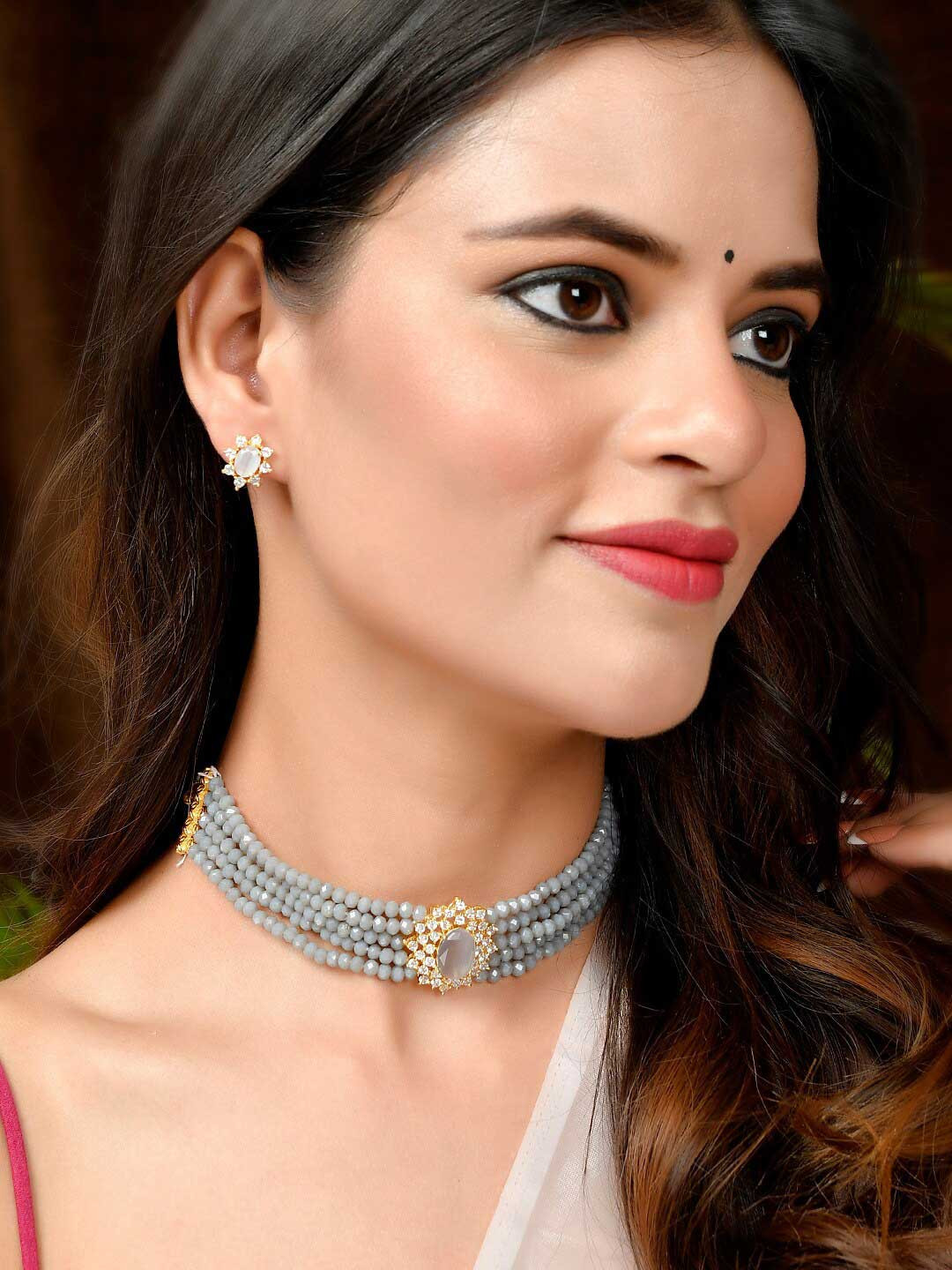 Silvermerc Designs Gold Plated & Grey Beaded Choker Jewellery Set
