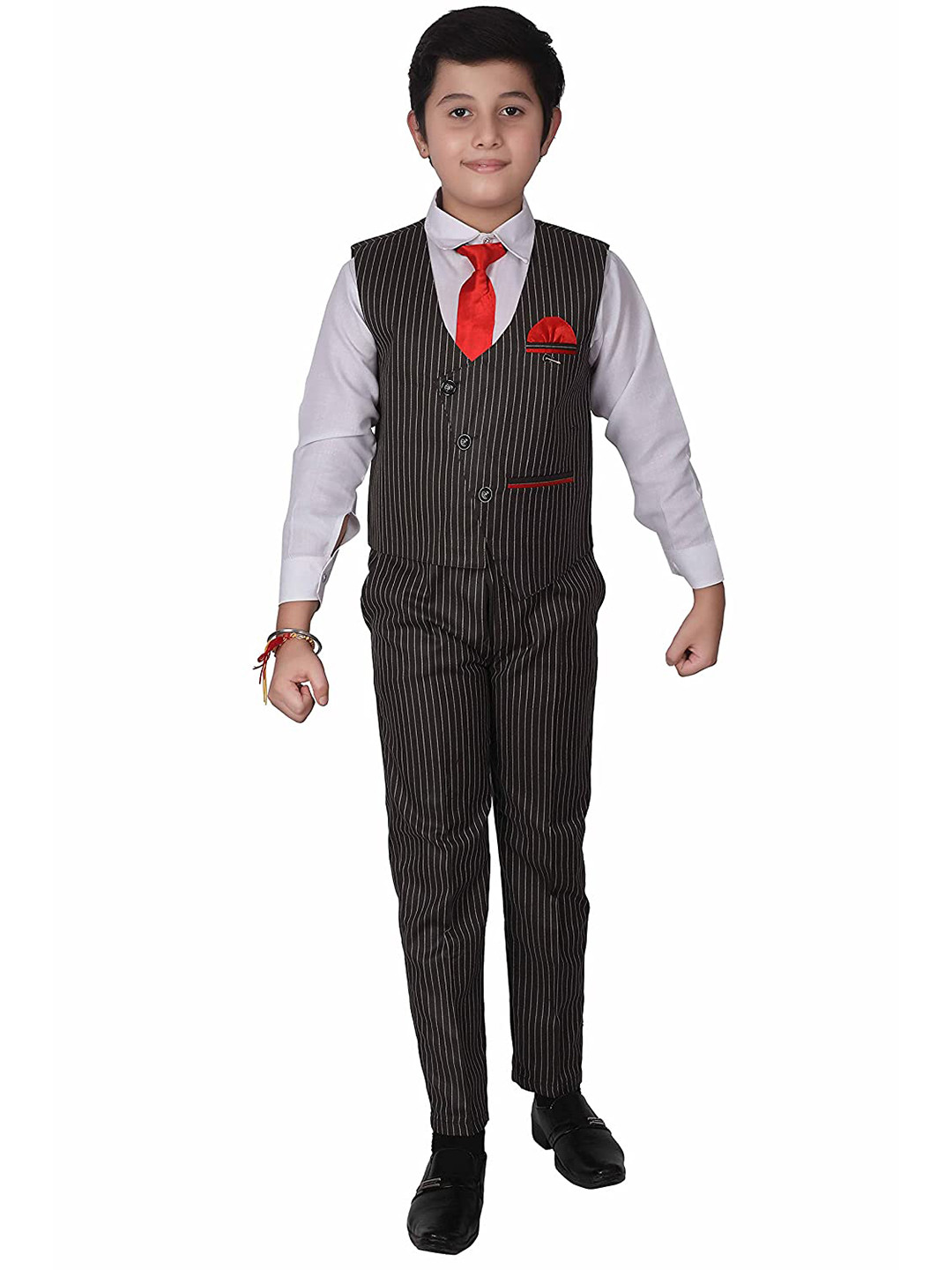 Pro-Ethic STYLE DEVELOPER Boys Black & White Striped Single-Breasted Pure Cotton 3 Pc Suit