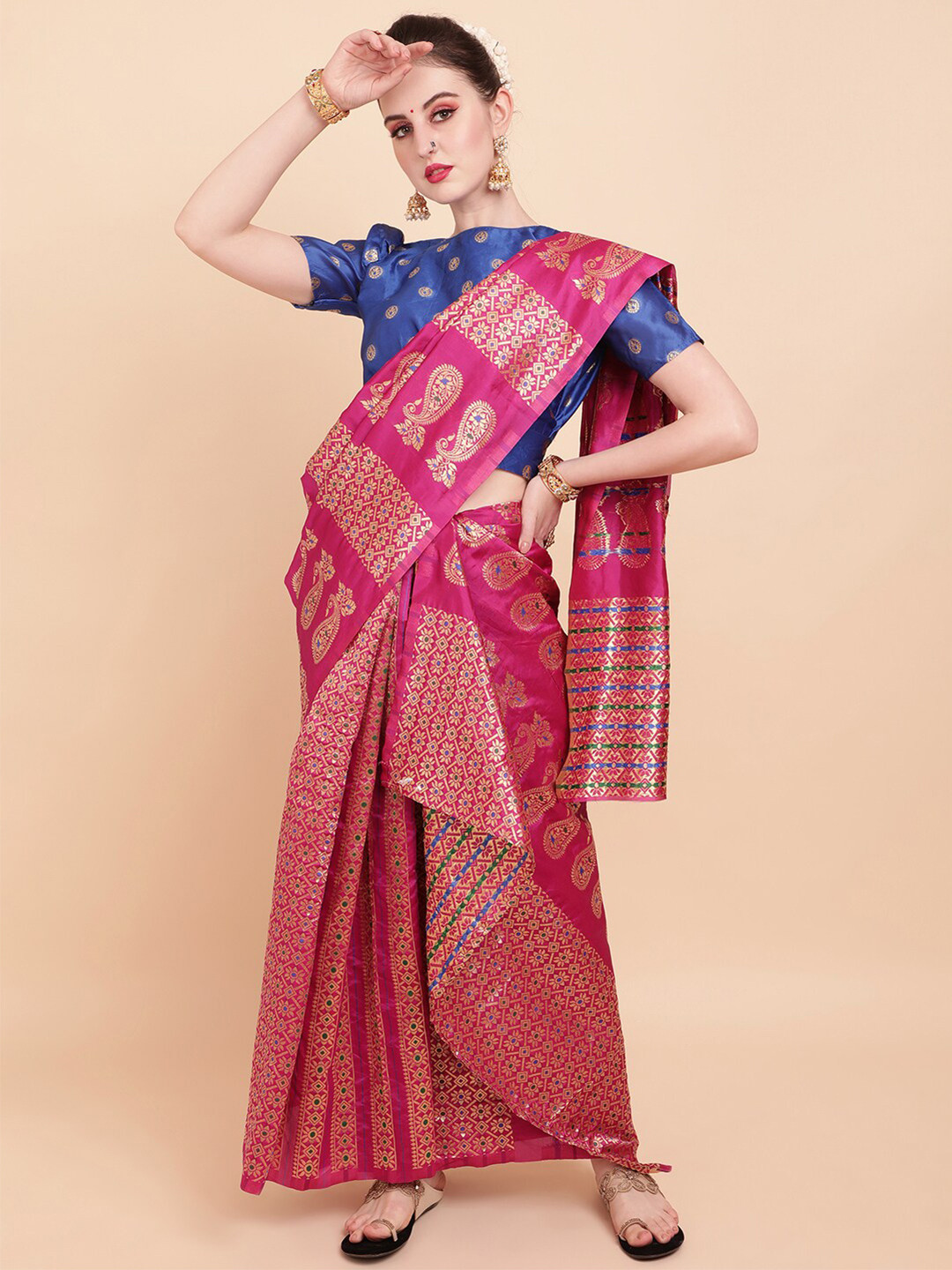 Sangria Violet & Pink Woven Design Zari Silk Blend Assamese Mekhela Chador