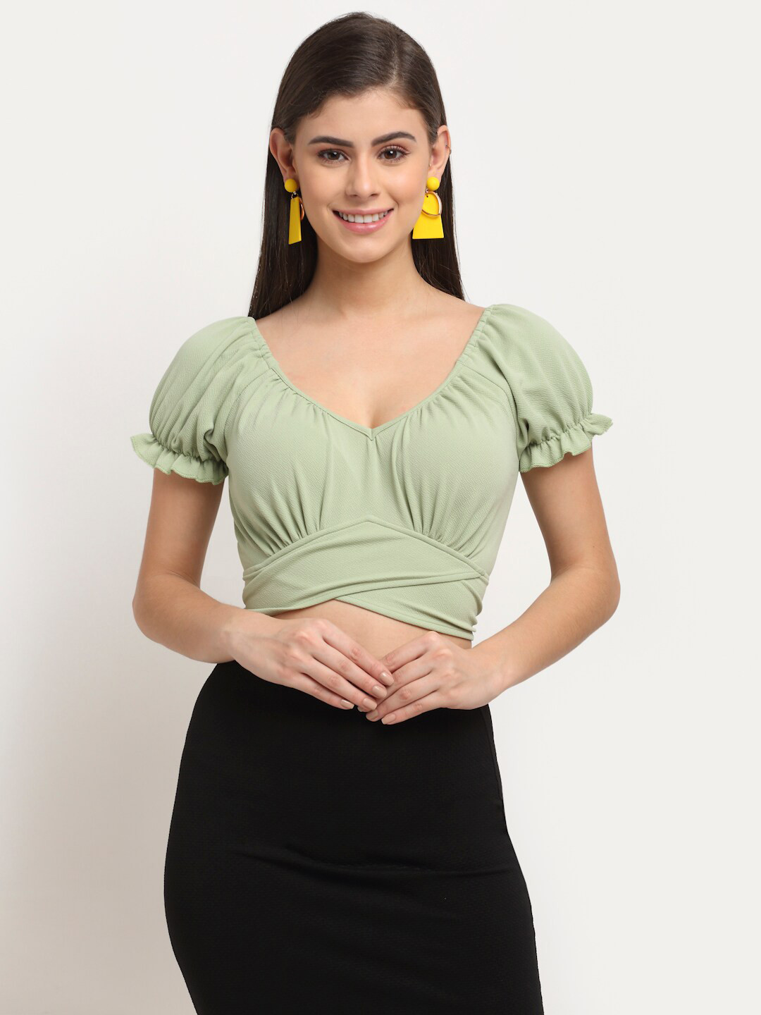 ELEVANTO Women Green Wrap Crop Top