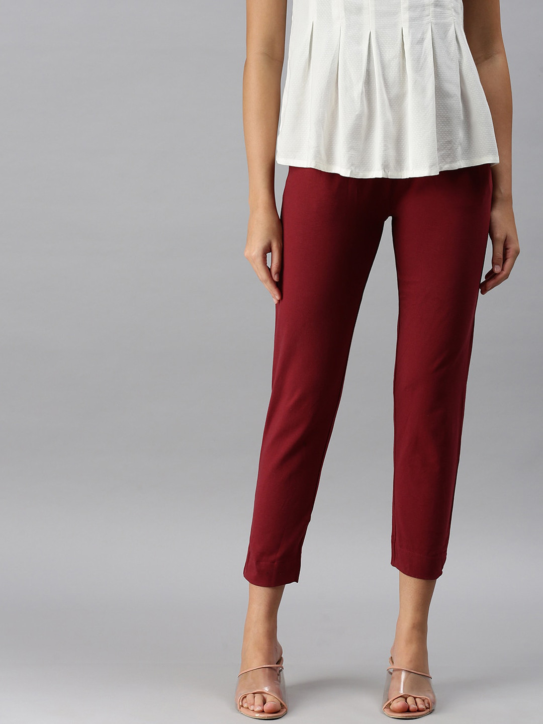 De Moza Women Maroon Pencil Slim Fit Trousers