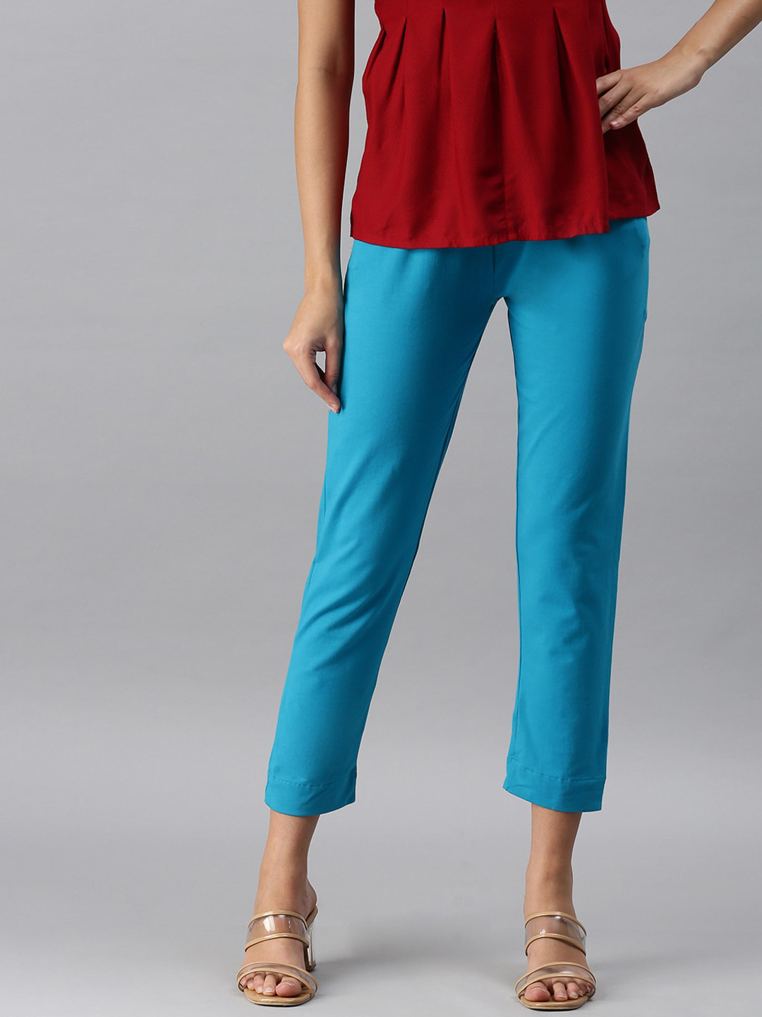 De Moza Women Teal Pencil Slim Fit Pleated Trousers