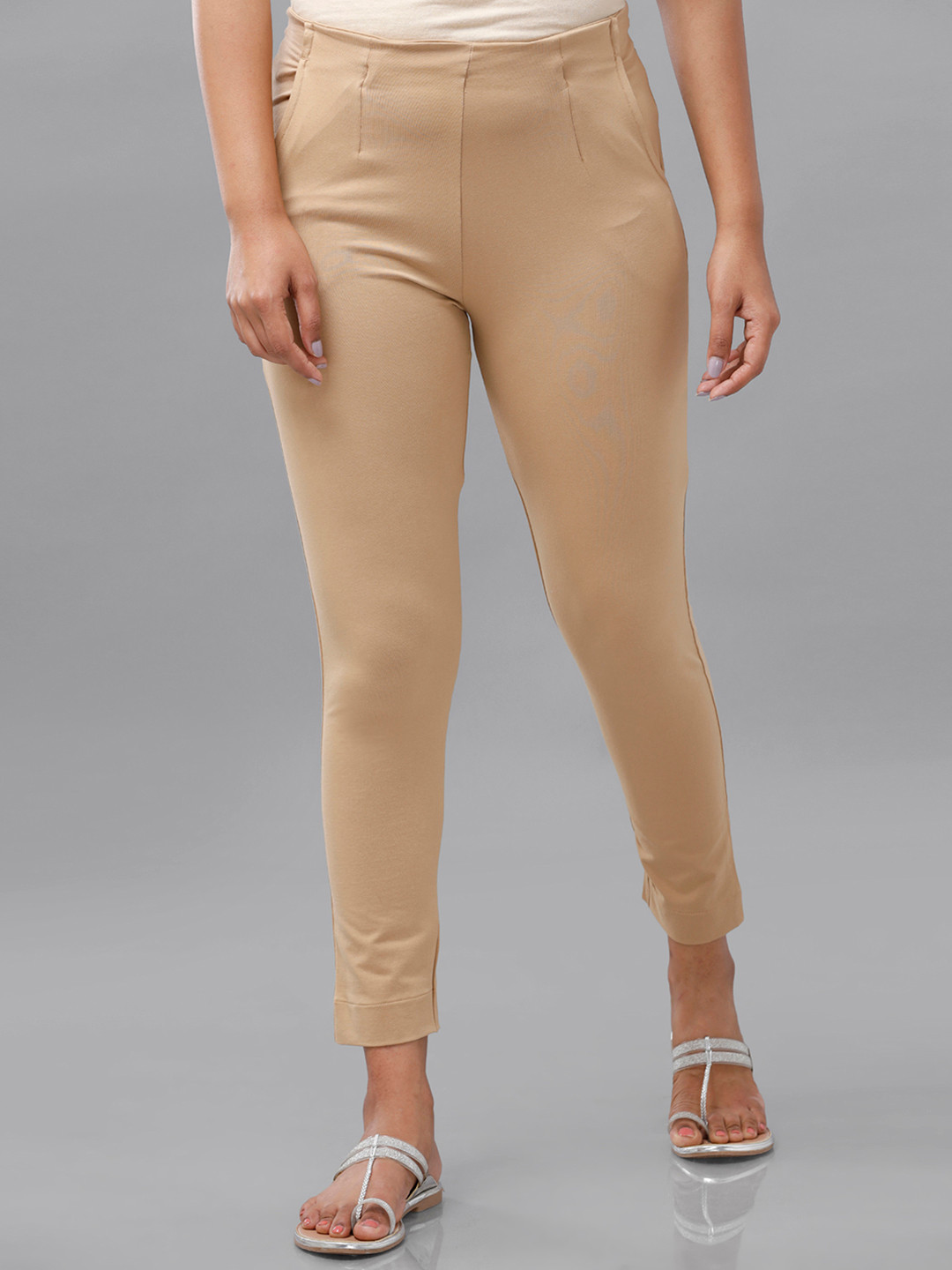 De Moza Women Nude-Coloured Pencil Slim Fit Trousers