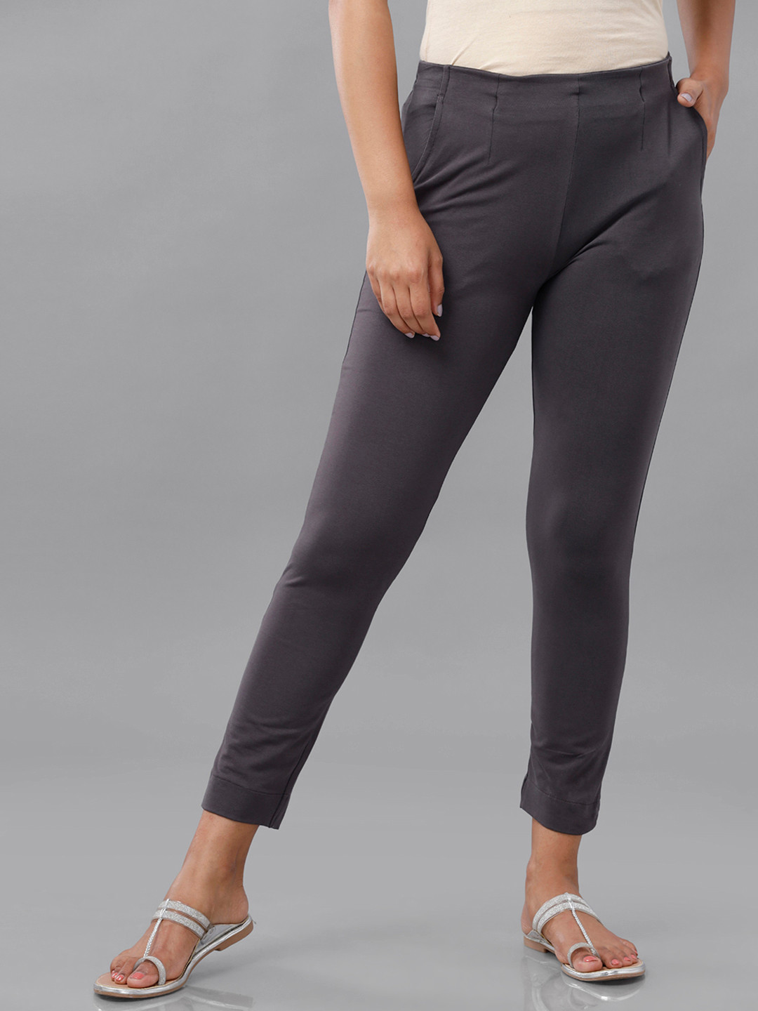 De Moza Women Charcoal Pencil Slim Fit Trousers