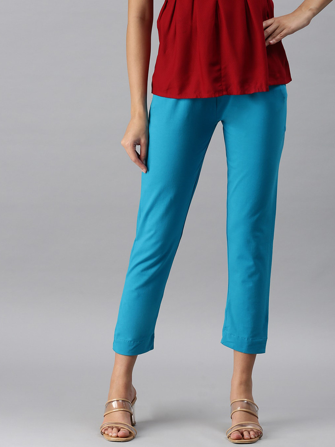 De Moza Women Teal Blue Pencil Slim Fit Pleated Cotton Trousers