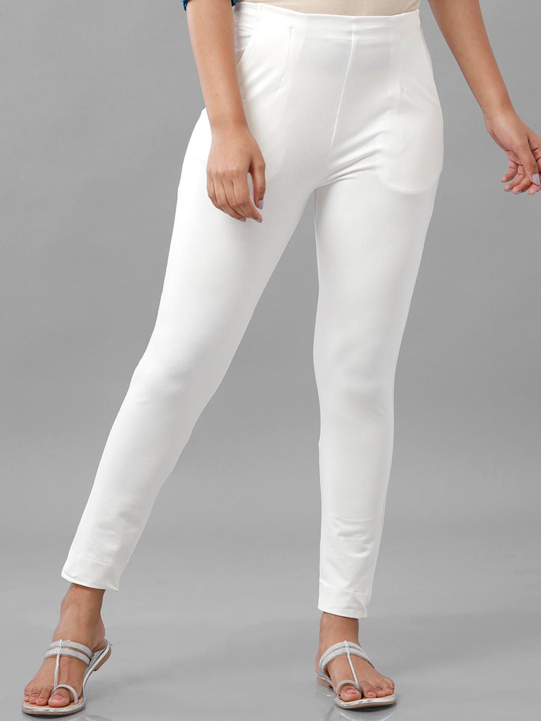 De Moza Women Off White Pencil Slim Fit Pleated Trousers