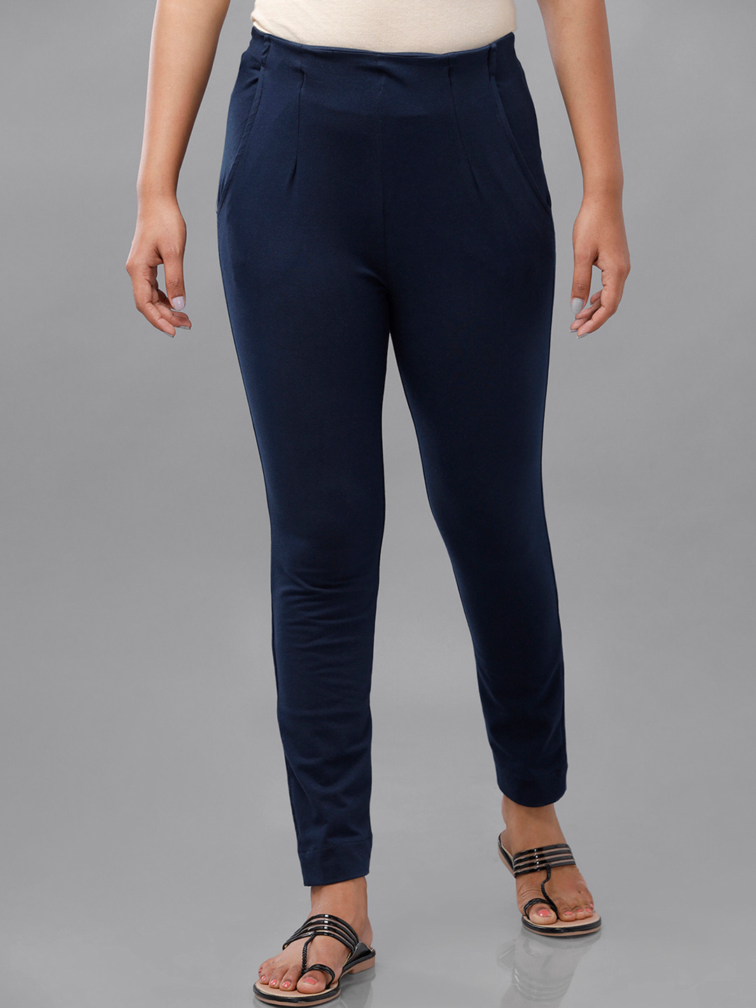 De Moza Women Navy Blue Pencil Slim Fit Cigarette Trouser