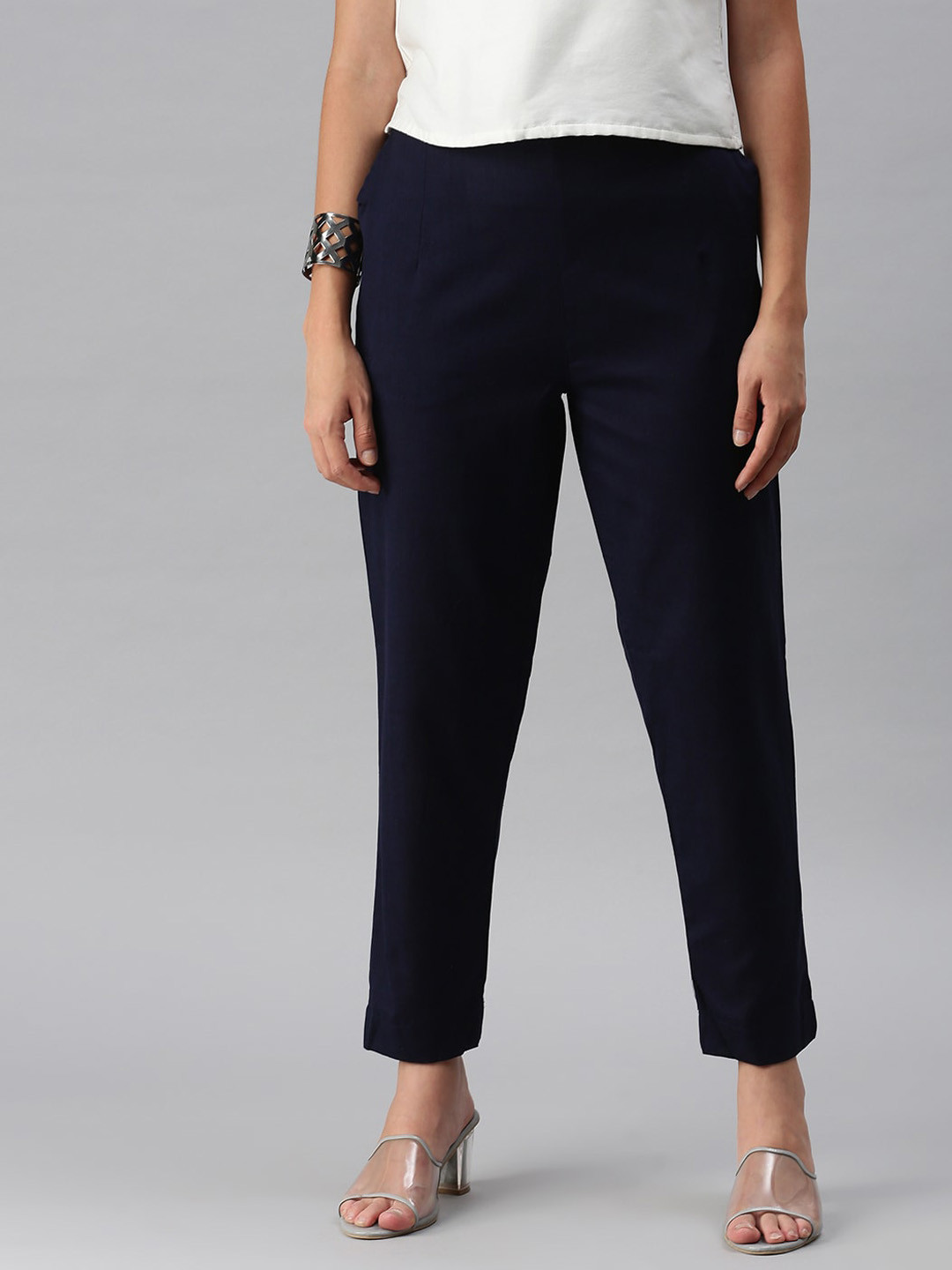 De Moza Women Navy Blue Pencil Slim Fit Cigarette Trousers