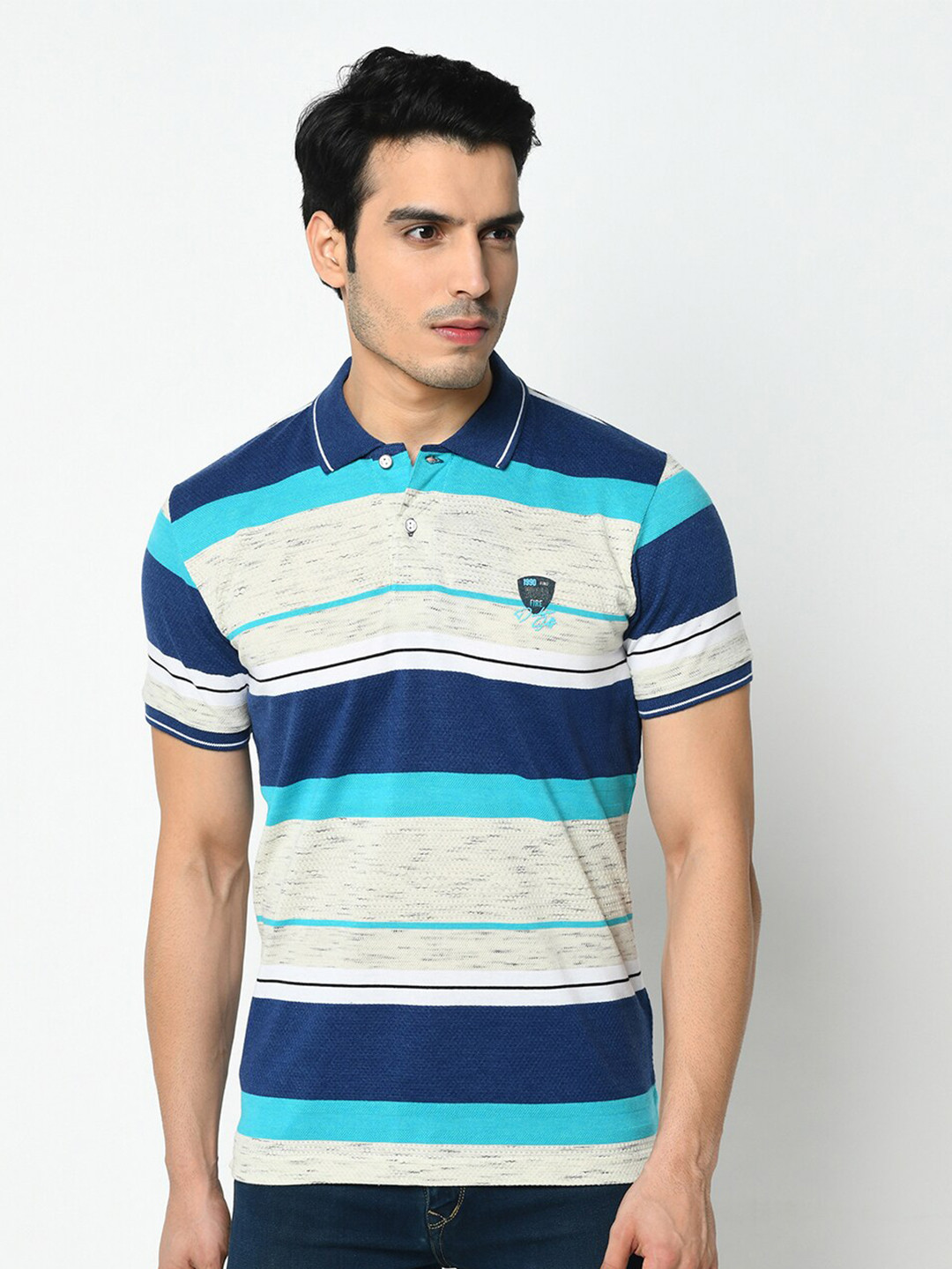 Duke Men Blue & Beige Striped Polo Collar Slim Fit Cotton T-shirt
