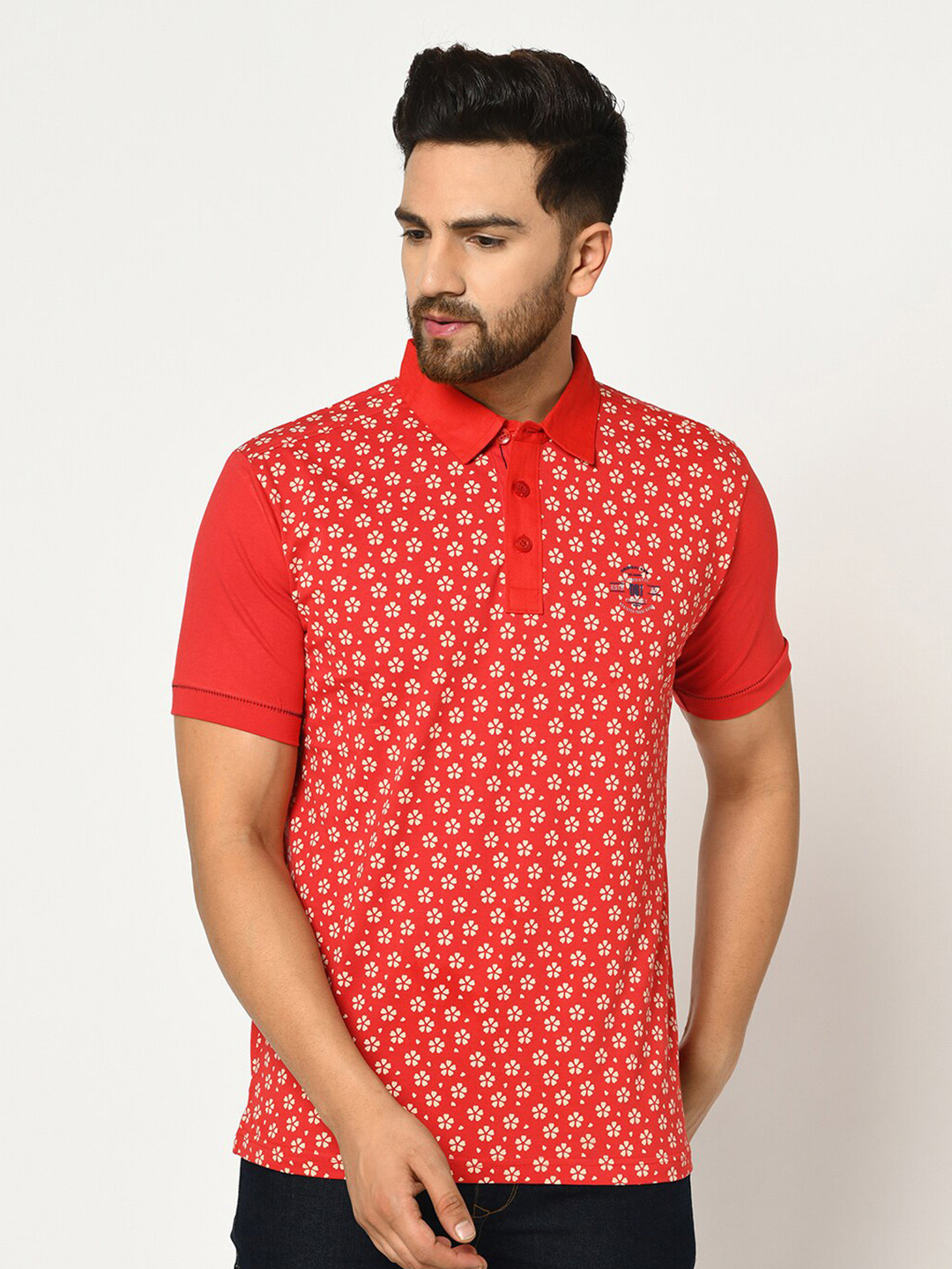 Duke Men Red & Beige Printed Polo Collar Slim Fit Cotton T-shirt