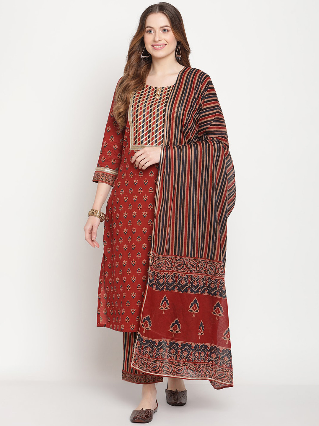 Be Indi Women Brown Ethnic Motifs Printed Gotta Patti Pure Cotton Kurta with Trousers & With Dupatta
