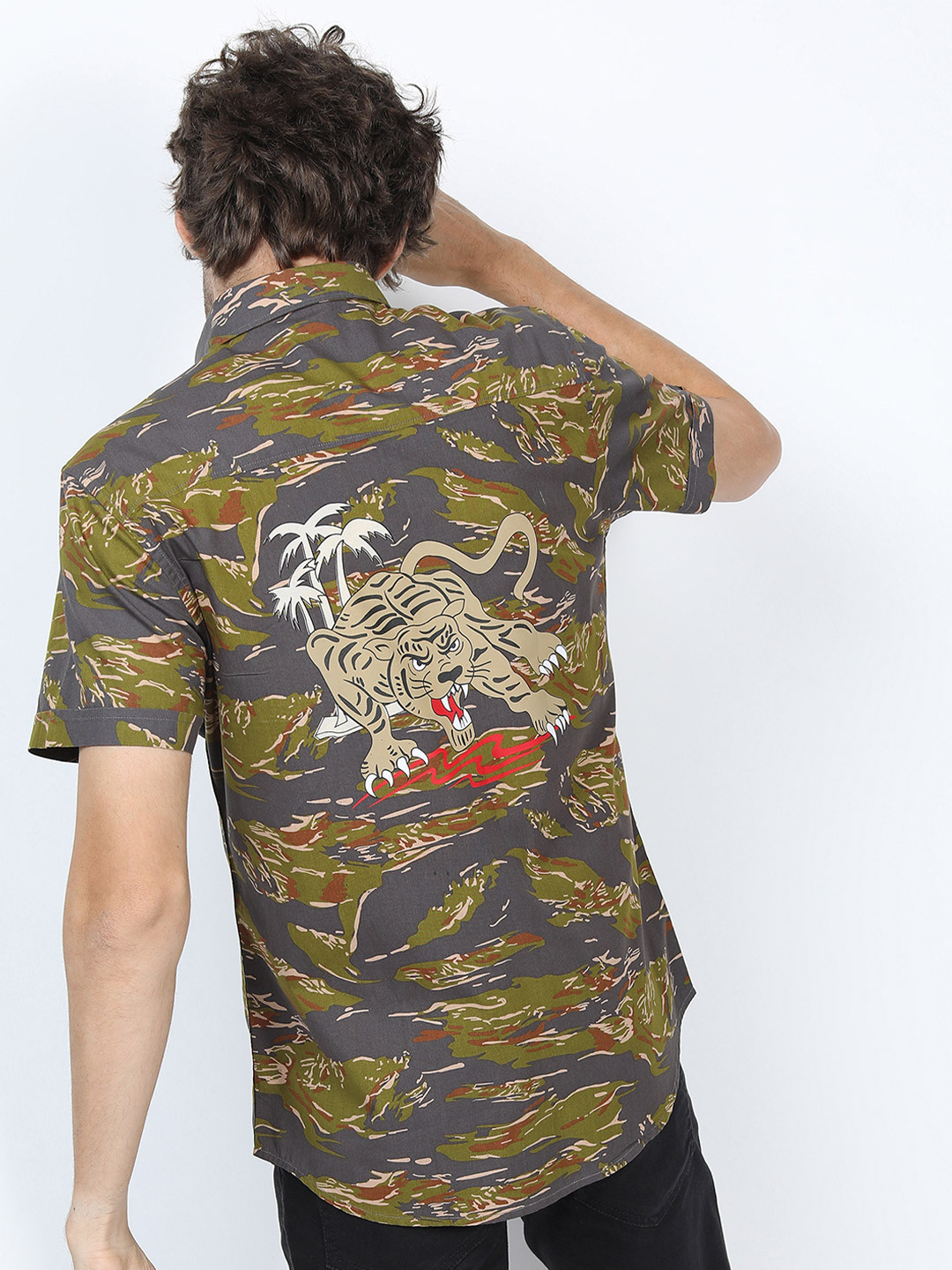 KETCH Men Olive Green Slim Fit Printed Cotton Casual Shirt